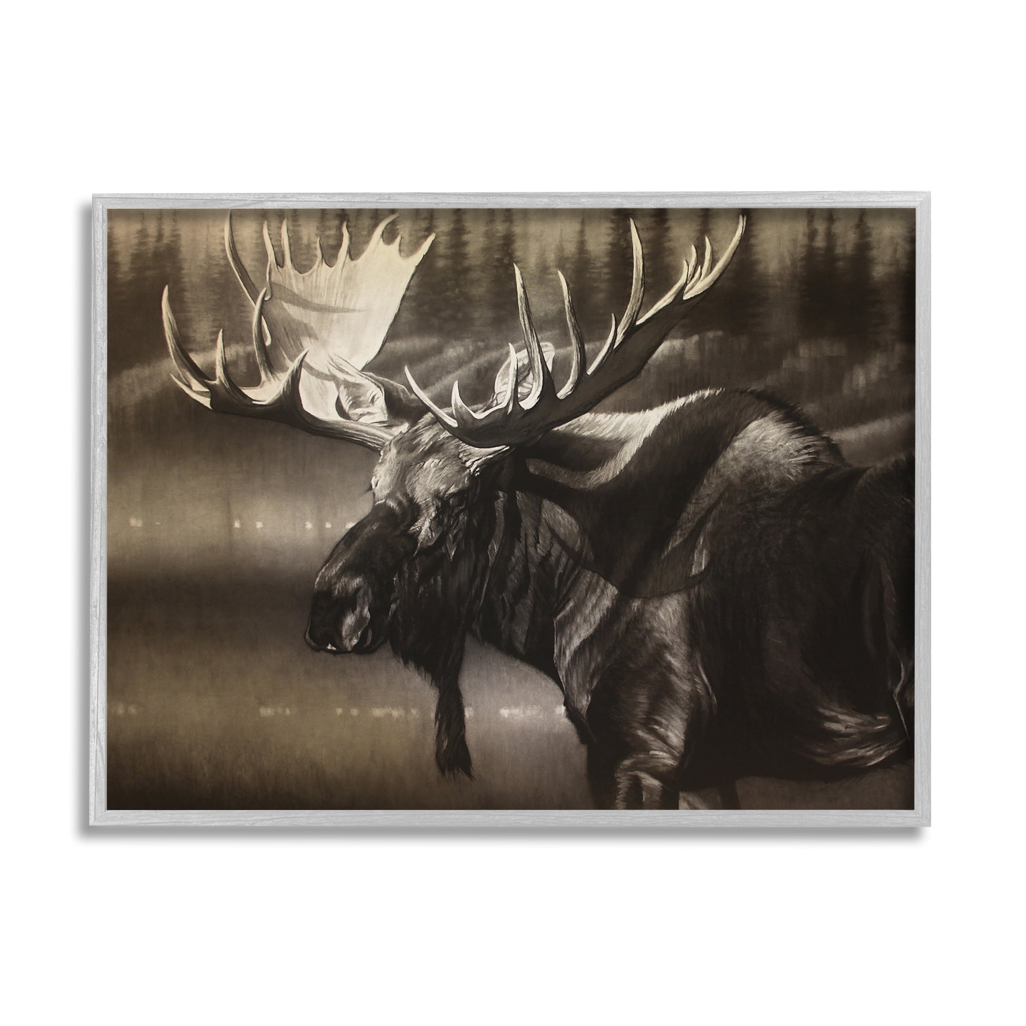 Stupell Industries Rustic Moose in Shadows Deep Forest Portrait Animals & Insects Drawing Gray Framed Art Print Wall Art, 11 x 14