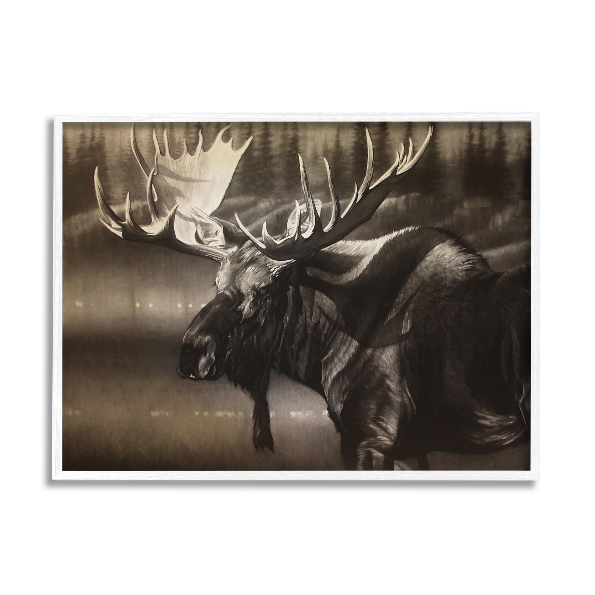 Stupell Industries Rustic Moose in Shadows Deep Forest Portrait Animals & Insects Drawing White Framed Art Print Wall Art, 16 x 20