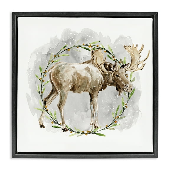 Stupell Industries Rustic Moose with Wreath Animals & Insects Painting Black Floater Framed Canvas Art Prints Wall Art, 18 x 18