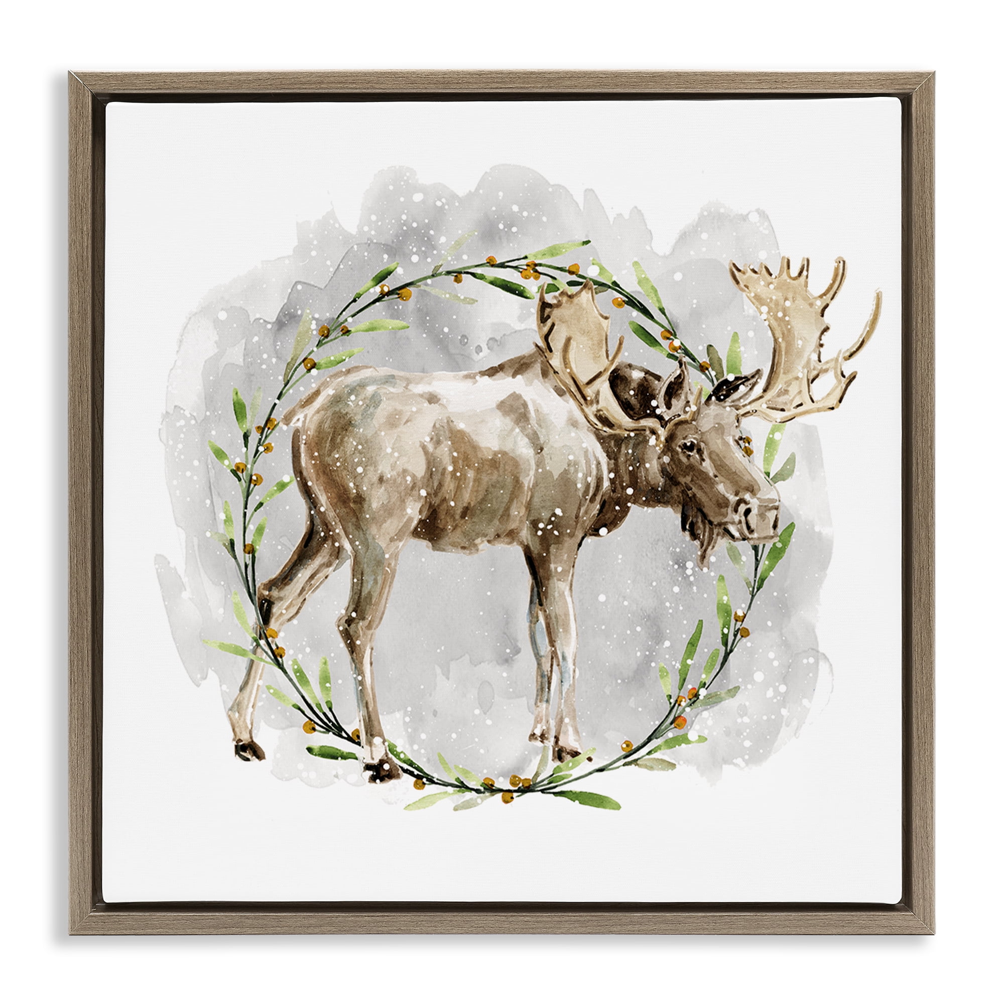 Stupell Industries Rustic Moose with Wreath Animals & Insects Painting Brown Floater Framed Canvas Art Prints Wall Art, 25 x 25