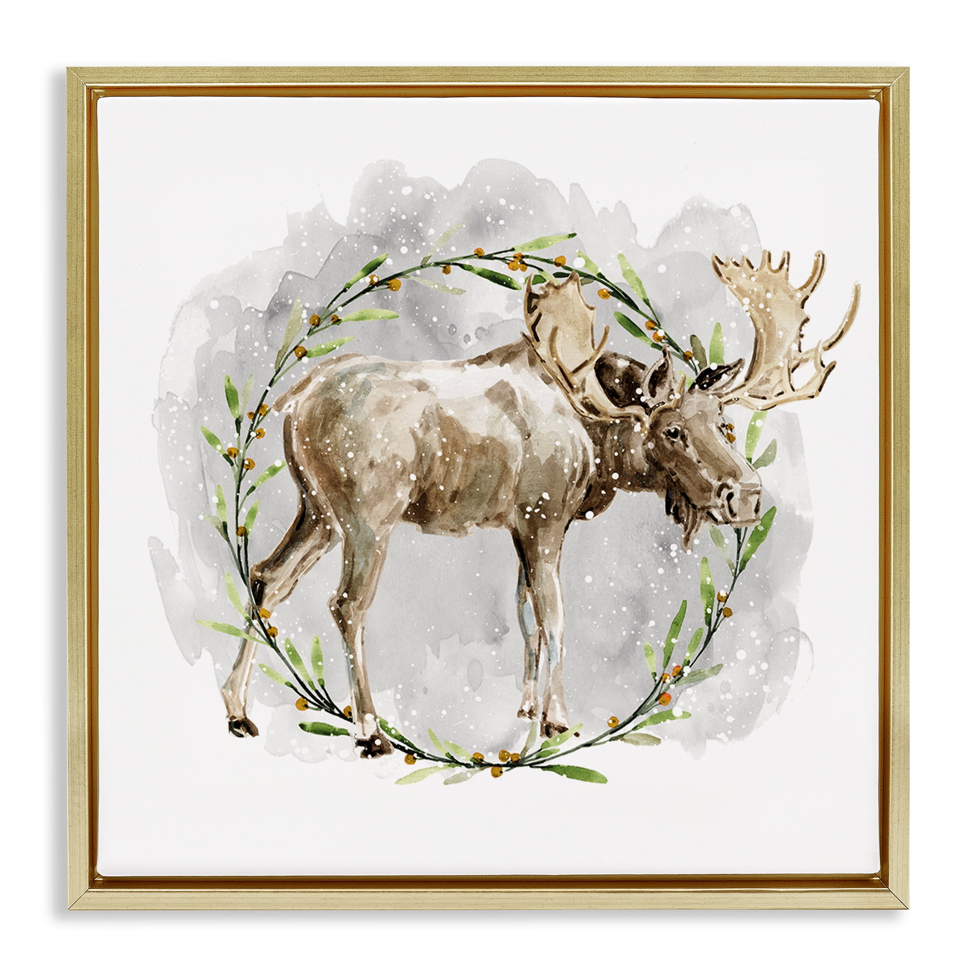 Stupell Industries Rustic Moose with Wreath Animals & Insects Painting Gold Floater Framed Canvas Art Prints Wall Art, 18 x 18