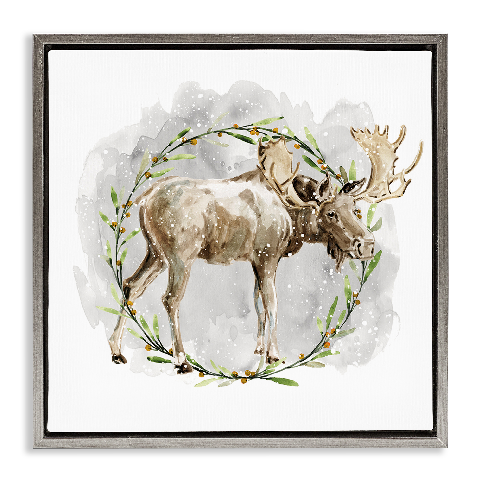 Stupell Industries Rustic Moose with Wreath Animals & Insects Painting Gray Floater Framed Canvas Art Prints Wall Art, 18 x 18