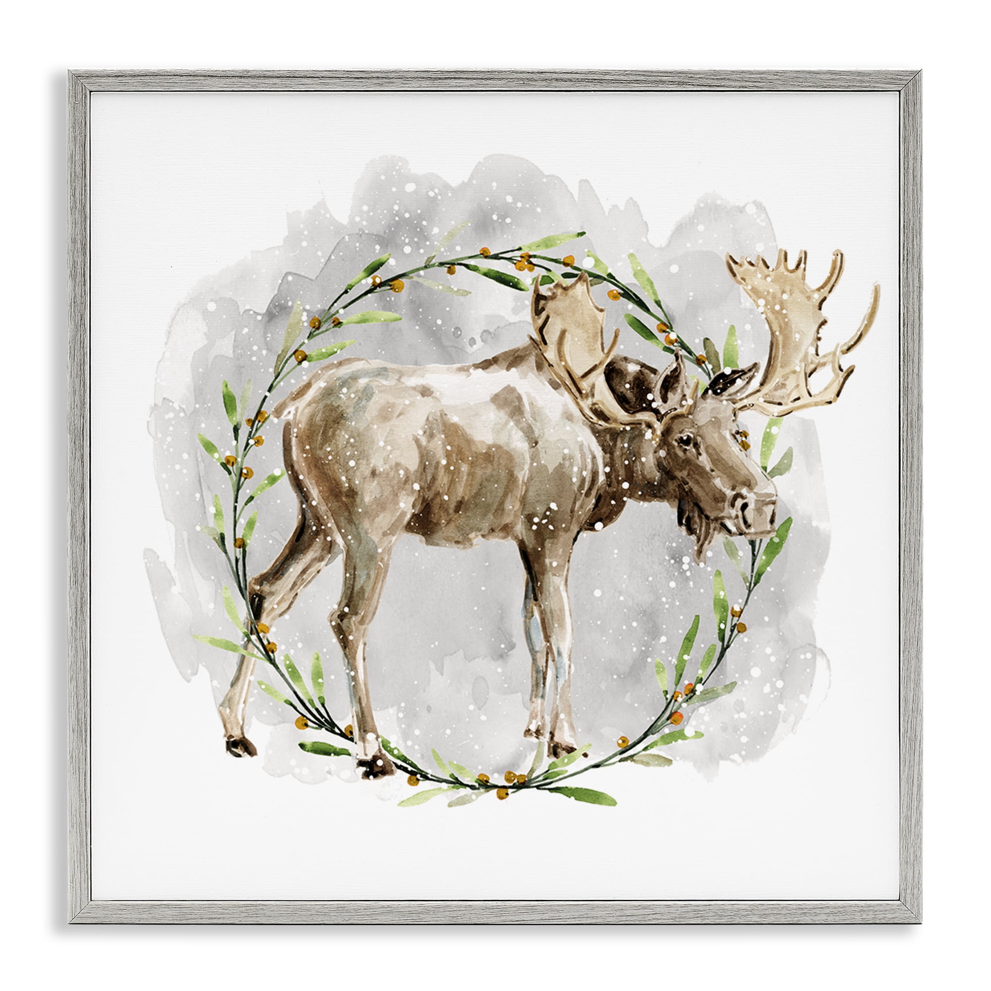 Stupell Industries Rustic Moose with Wreath Animals & Insects Painting Gray Framed Art Prints Wall Art, 17 x 17