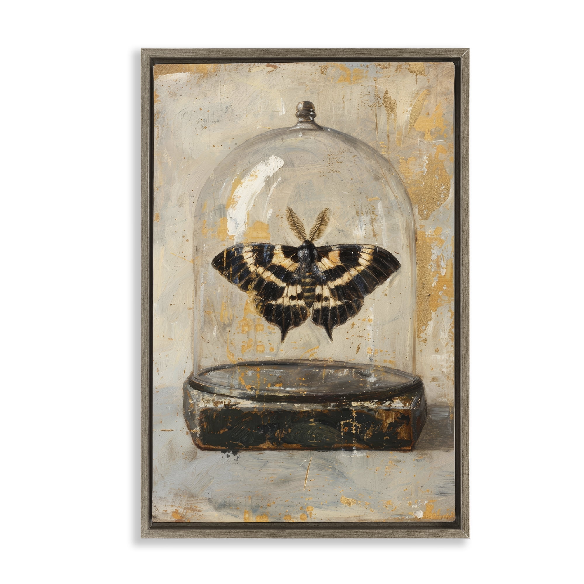Stupell Industries Rustic Moth in Glass Animals Painting Brown Floater Framed Canvas Art Print Wall Art, 17 x 25