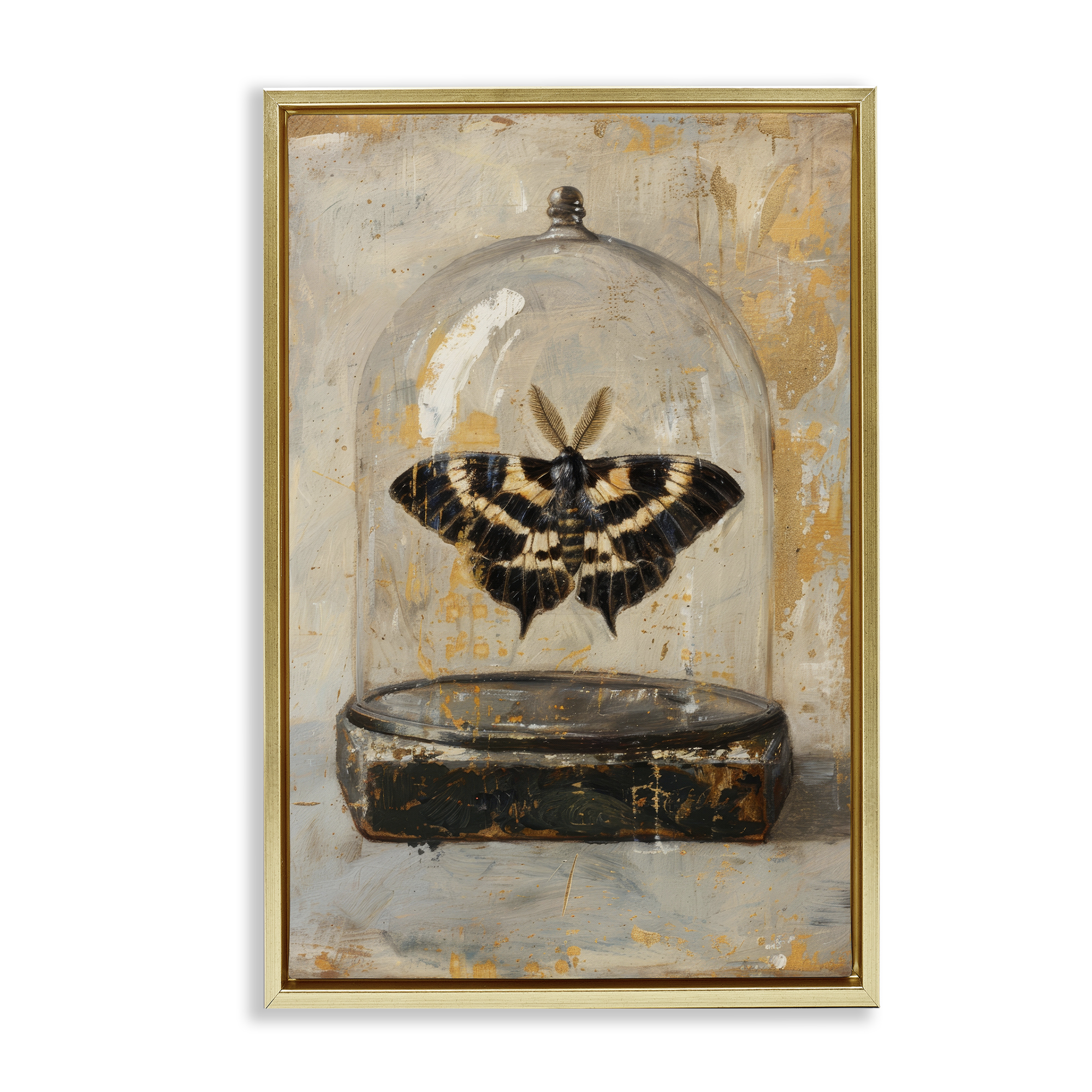 Stupell Industries Rustic Moth in Glass Animals Painting Gold Floater Framed Canvas Art Print Wall Art, 21 x 31