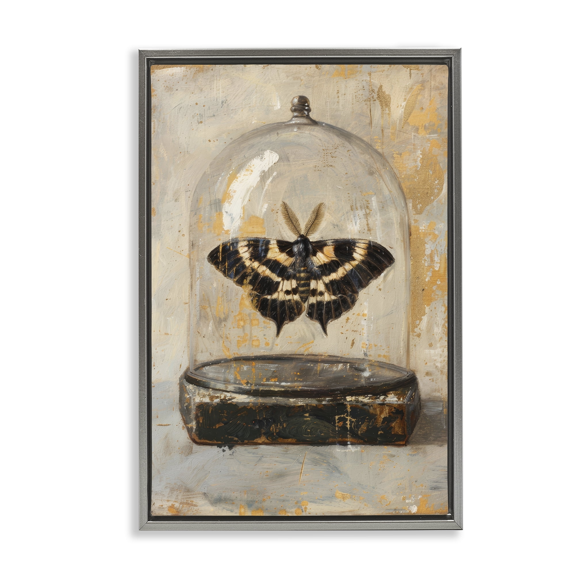 Stupell Industries Rustic Moth in Glass Animals Painting Gray Floater Framed Canvas Art Print Wall Art, 21 x 31