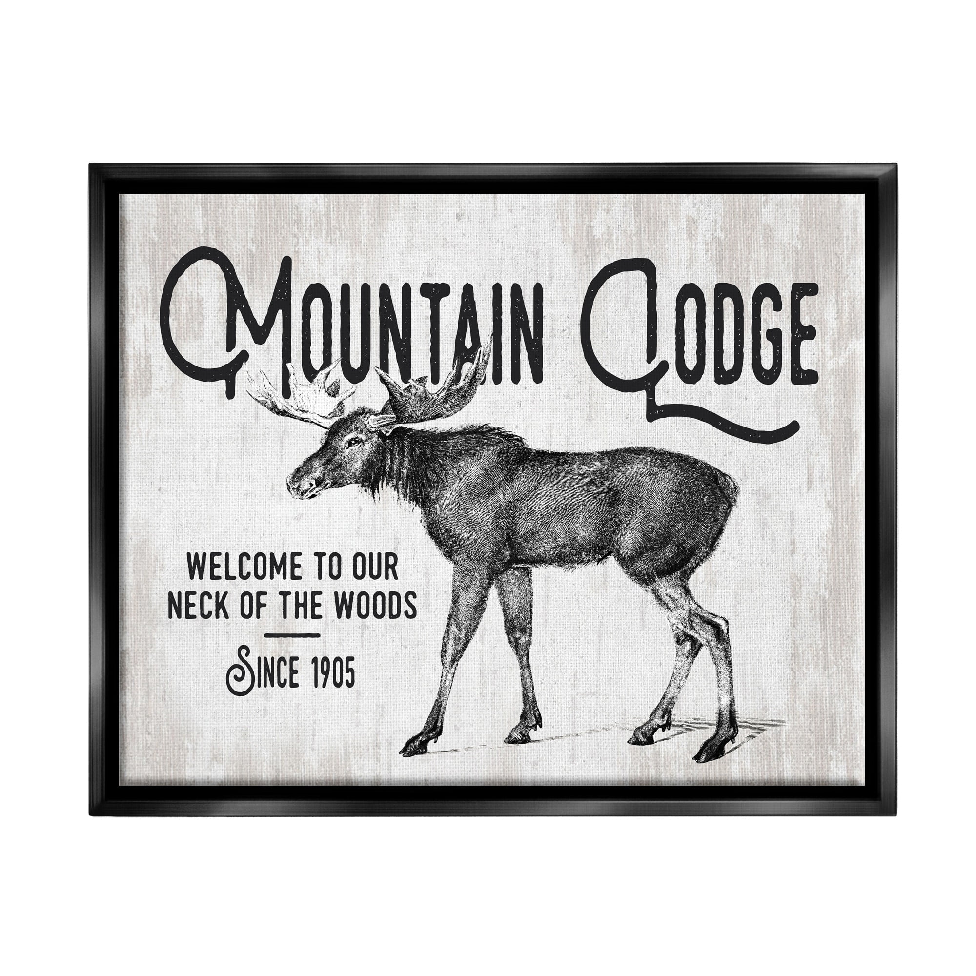 Stupell Industries Rustic Mountain Lodge Vintage Moose Cabin Sign Graphic Art Jet Black Floating Framed Canvas Print Wall Art, Design by Lettered and Lined