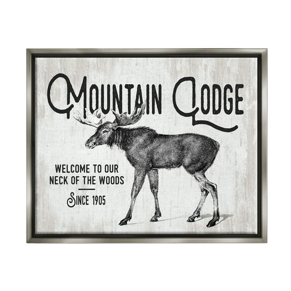Stupell Industries Rustic Mountain Lodge Vintage Moose Cabin Sign Graphic Art Luster Gray Floating Framed Canvas Print Wall Art, Design by Lettered and Lined