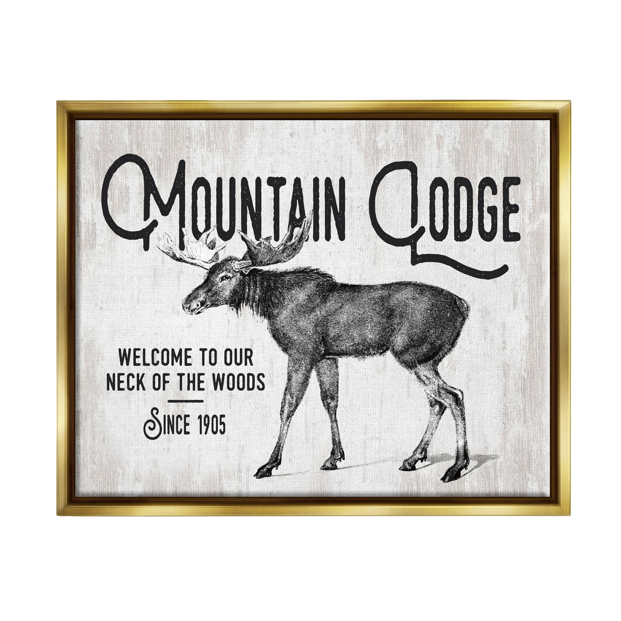 Stupell Industries Rustic Mountain Lodge Vintage Moose Cabin Sign Graphic Art Metallic Gold Floating Framed Canvas Print Wall Art, Design by Lettered and Lined