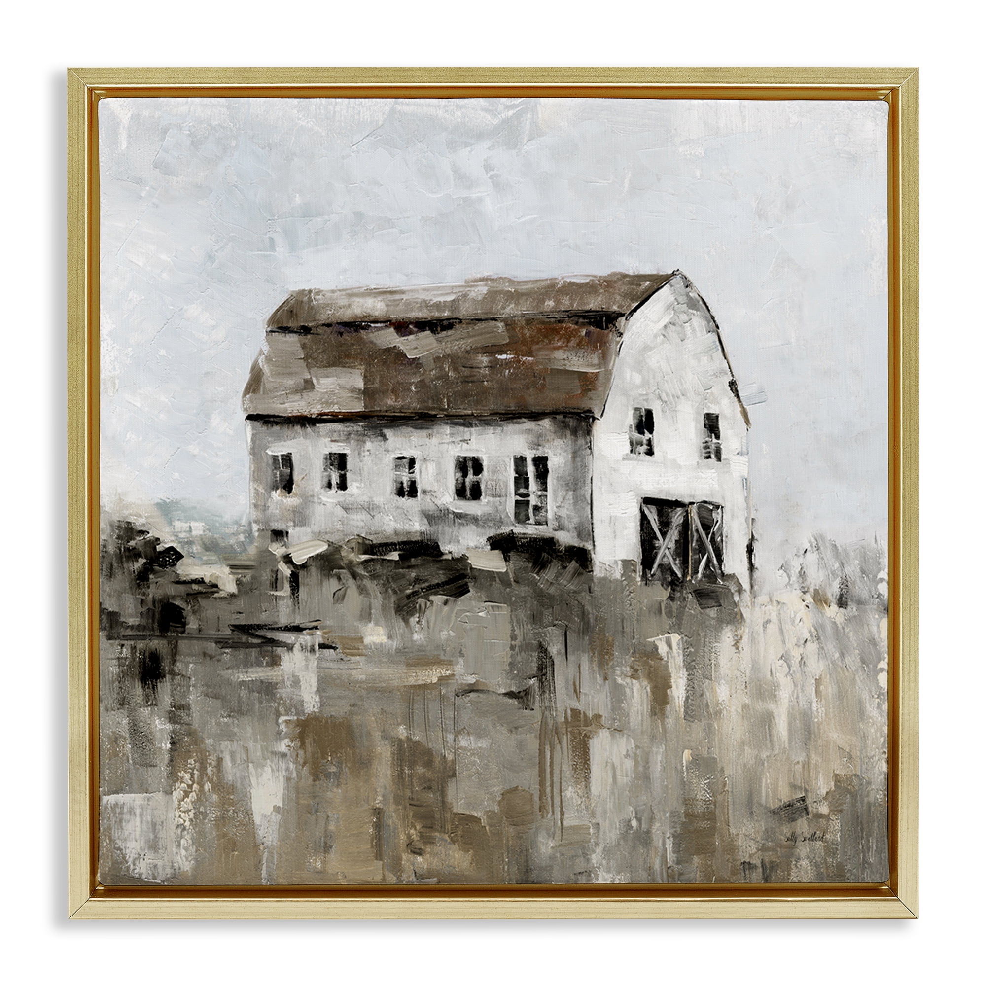 Stupell Industries Rustic Muted Farmhouse Landscape & Nature Painting Gold Floater Framed Canvas Art Print Wall Art, 18 x 18