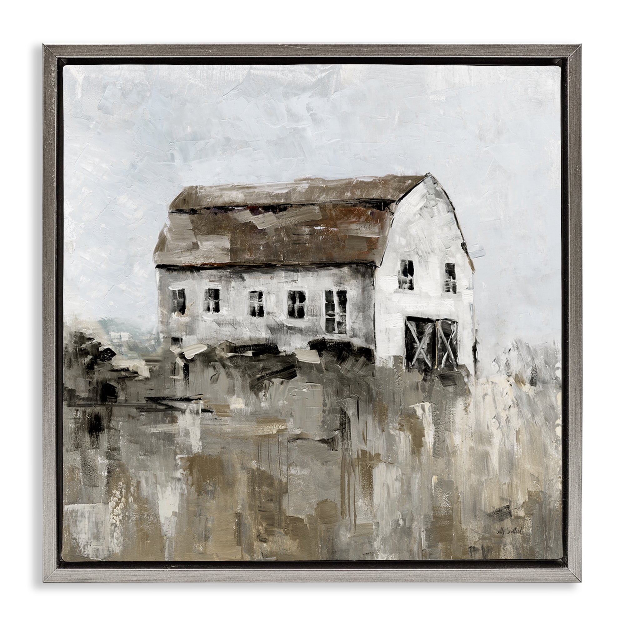 Stupell Industries Rustic Muted Farmhouse Landscape & Nature Painting Gray Floater Framed Canvas Art Print Wall Art, 18 x 18