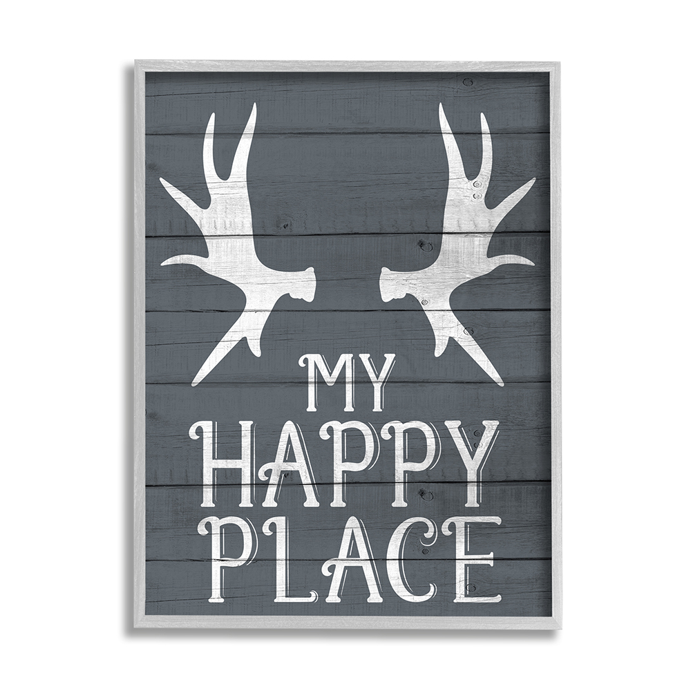 Stupell Industries Rustic My Happy Place Large Elk Antlers Gray Framed by Kim Allen
