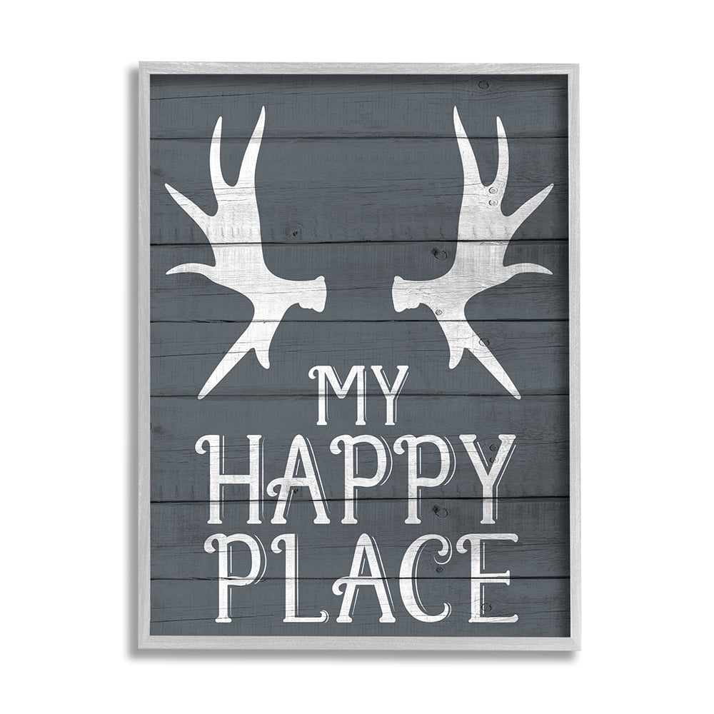 Stupell Industries Rustic My Happy Place Large Elk Antlers Gray Framed by Kim Allen