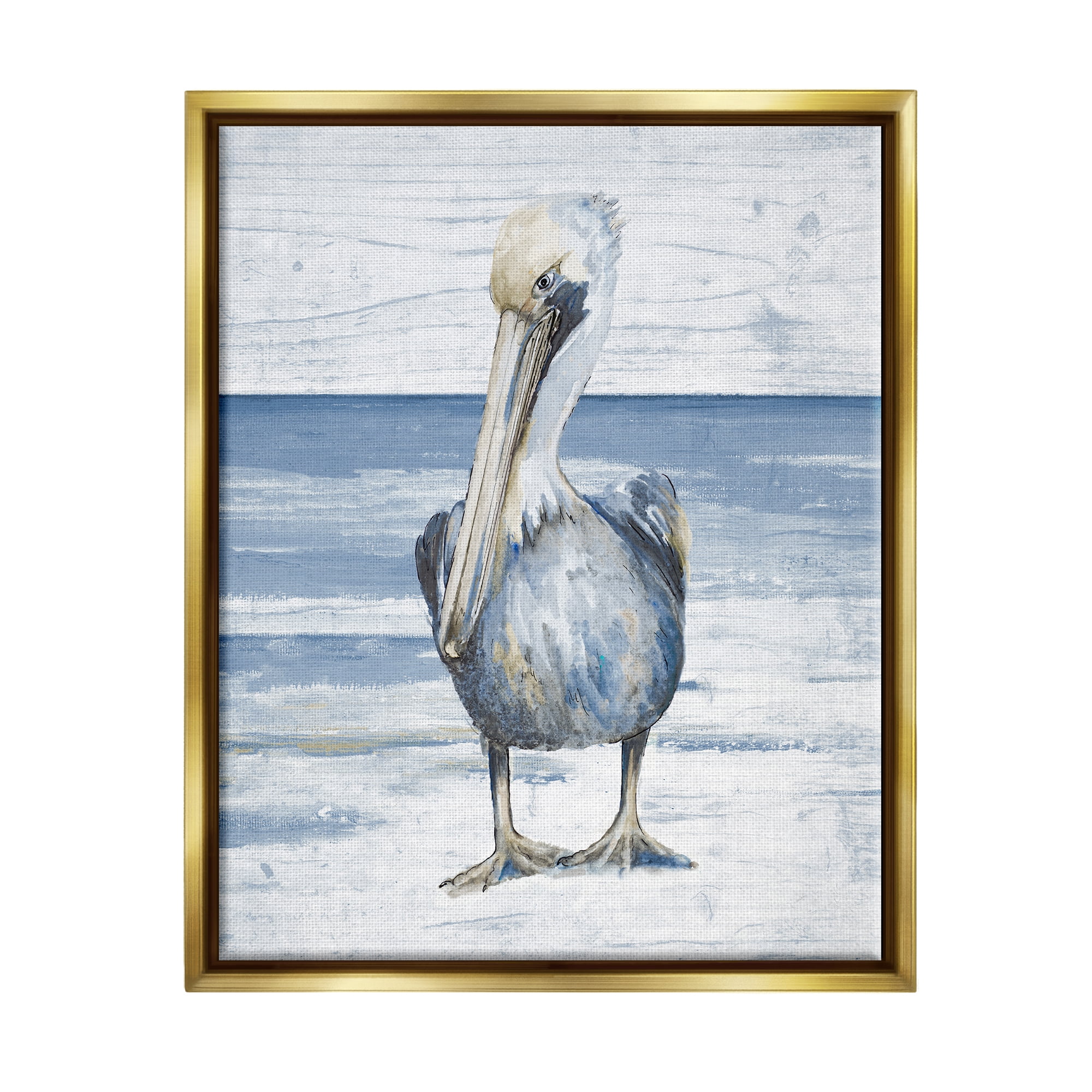 Stupell Industries Rustic Nautical Pelican Animals & Insects Painting Gold Floater Framed Canvas Art Print Wall Art, 25 x 31