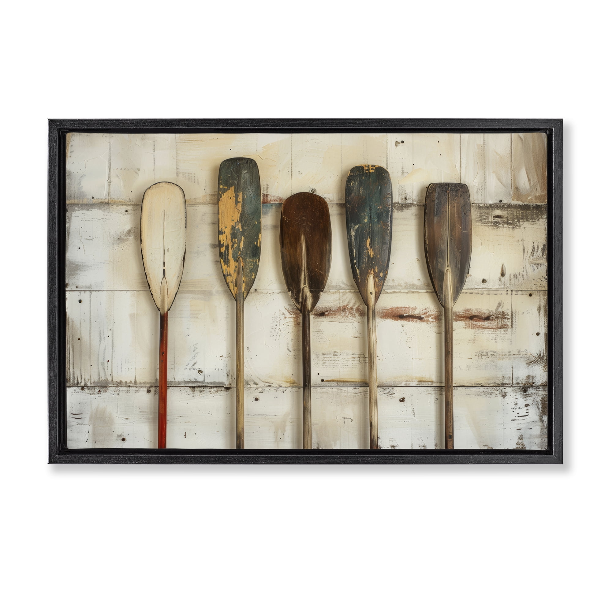 Stupell Industries Rustic Oar Lineup Nautical & Beach Painting Black Floater Framed Canvas Art Print Wall Art, 31 x 21