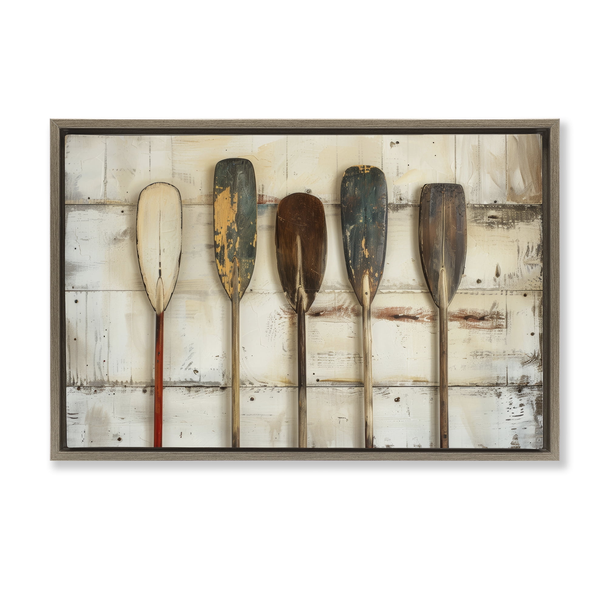 Stupell Industries Rustic Oar Lineup Nautical & Beach Painting Brown Floater Framed Canvas Art Print Wall Art, 25 x 17
