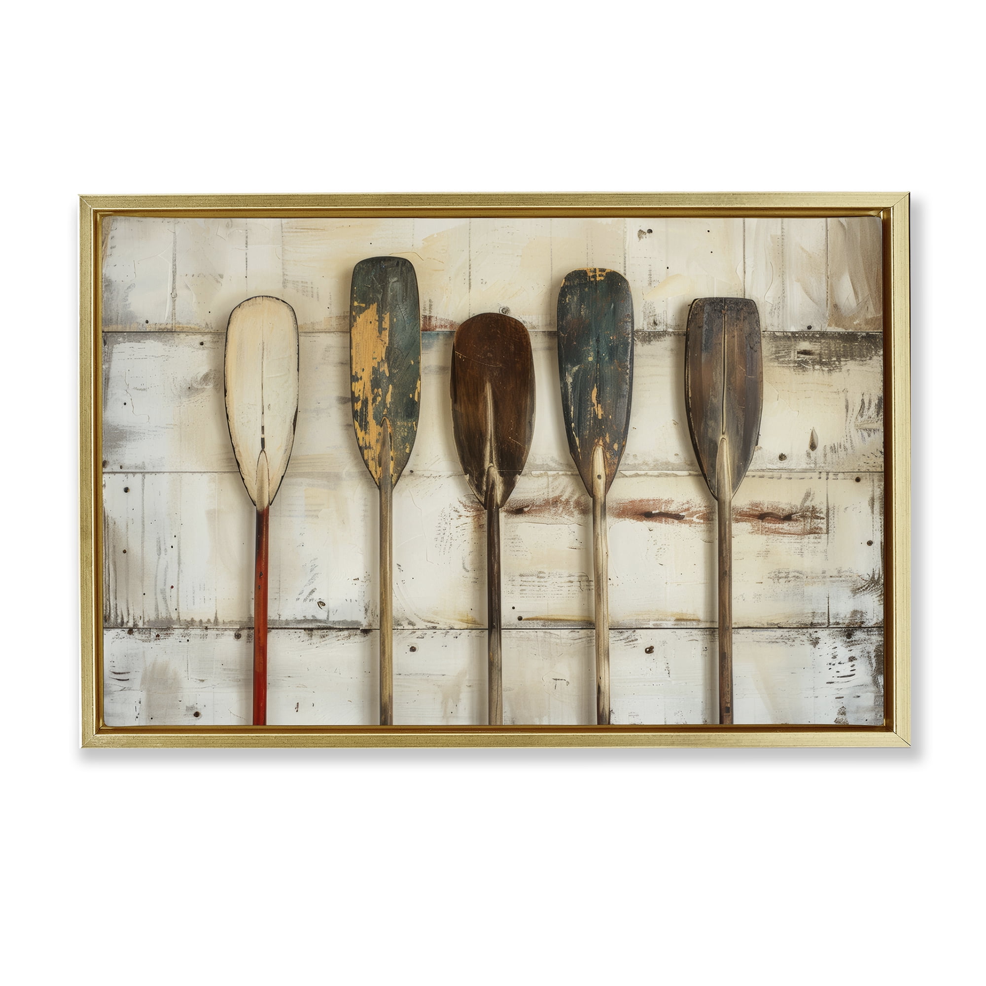 Stupell Industries Rustic Oar Lineup Nautical & Beach Painting Gold Floater Framed Canvas Art Print Wall Art, 25 x 17