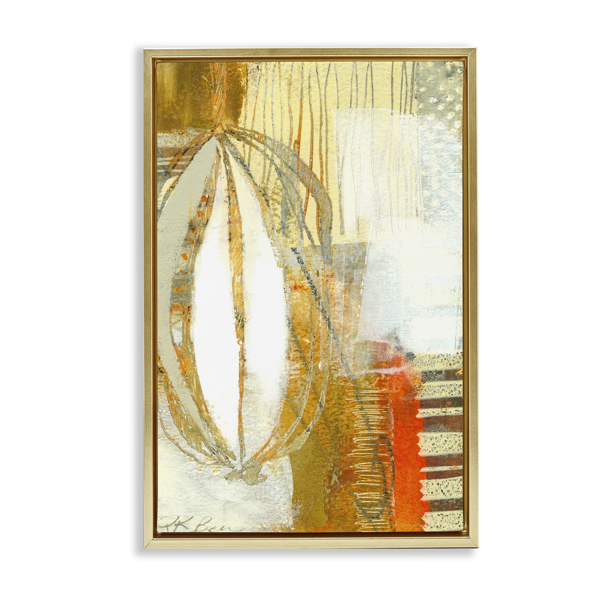 Stupell Industries Rustic Oblong Shape Collage Abstract Painting Gold Floater Framed Canvas Art Print Wall Art, 17 x 25