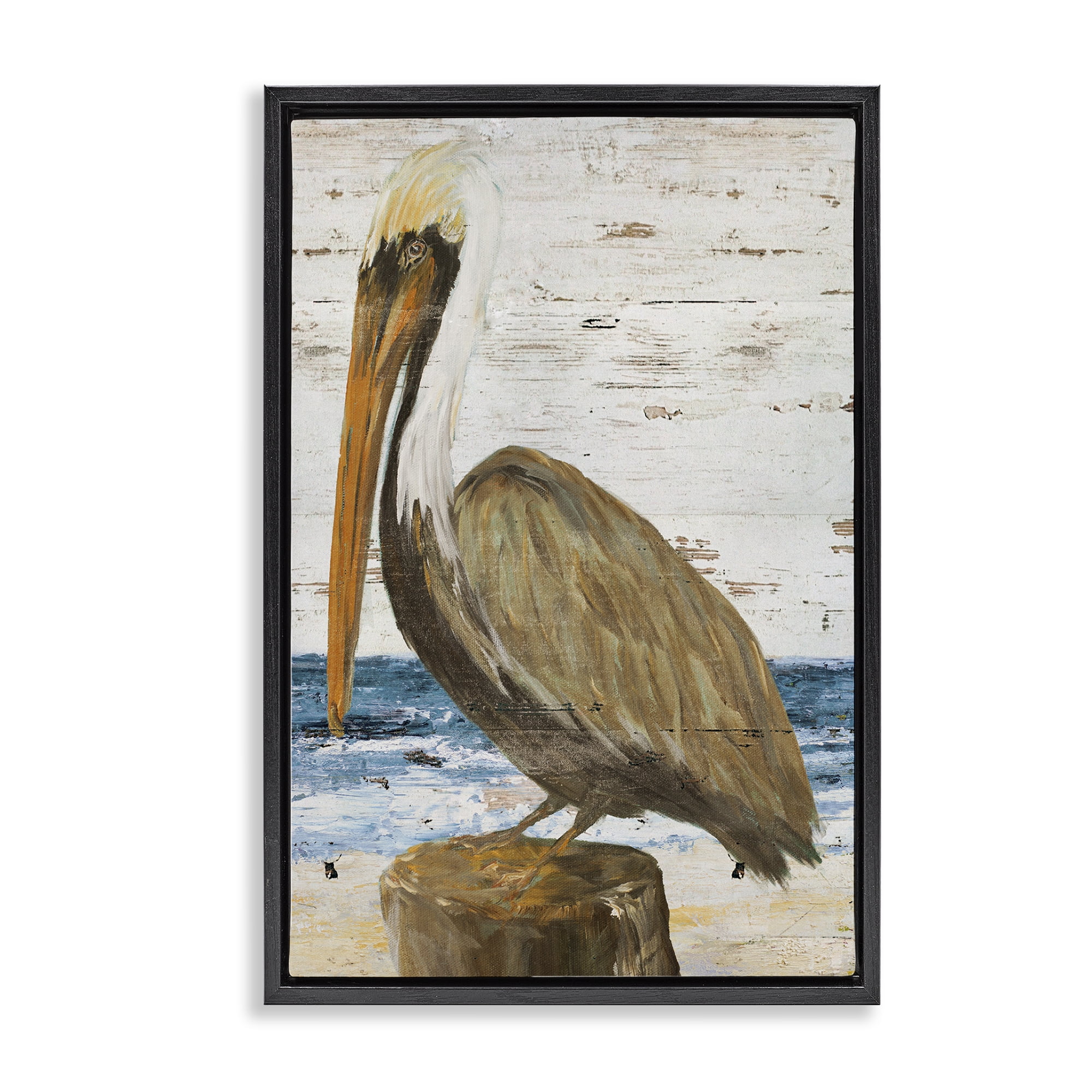 Stupell Industries Rustic Ocean Pelican Animals & Insects Painting Black Floater Framed Canvas Art Print Wall Art, 21 x 31