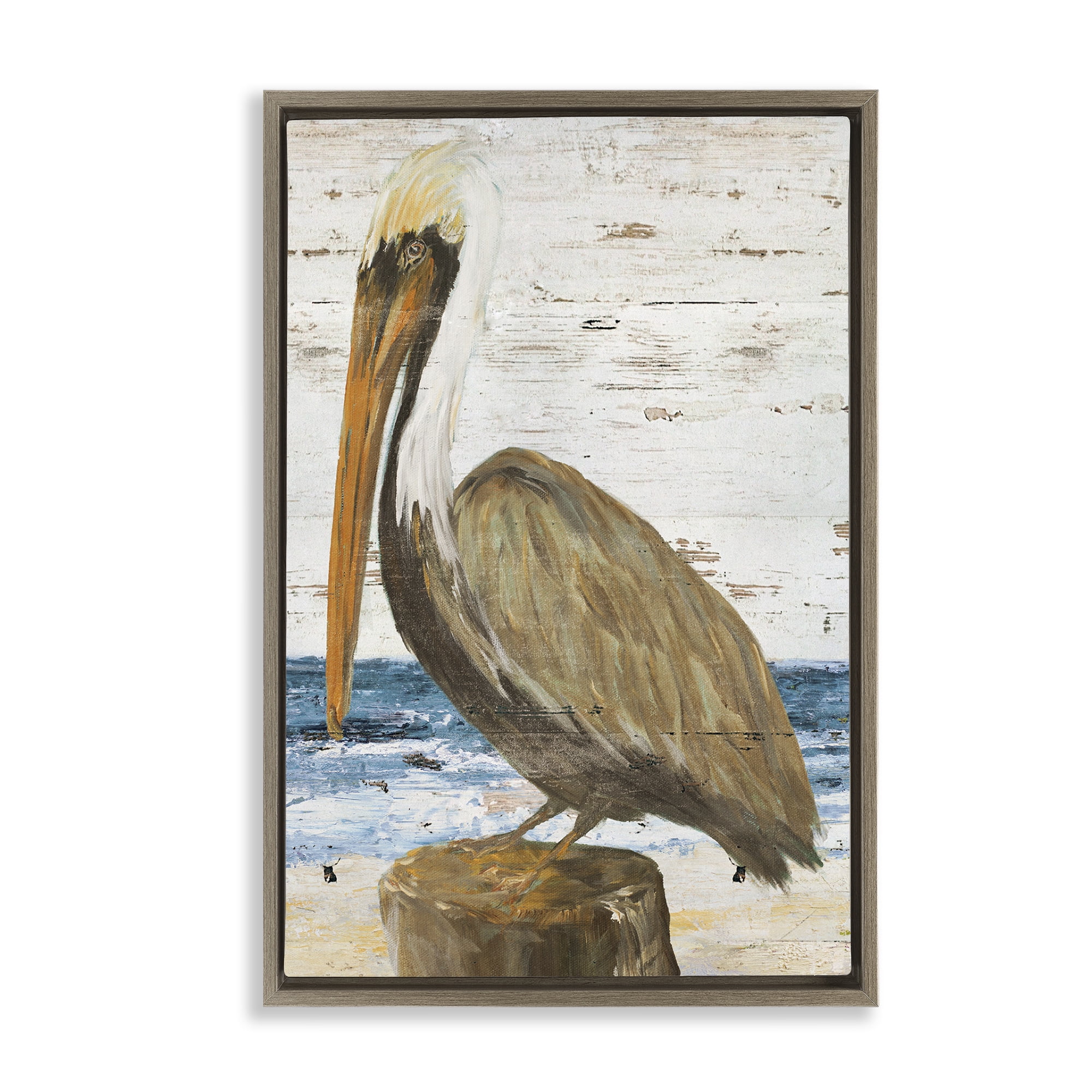 Stupell Industries Rustic Ocean Pelican Animals & Insects Painting Brown Floater Framed Canvas Art Print Wall Art, 17 x 25