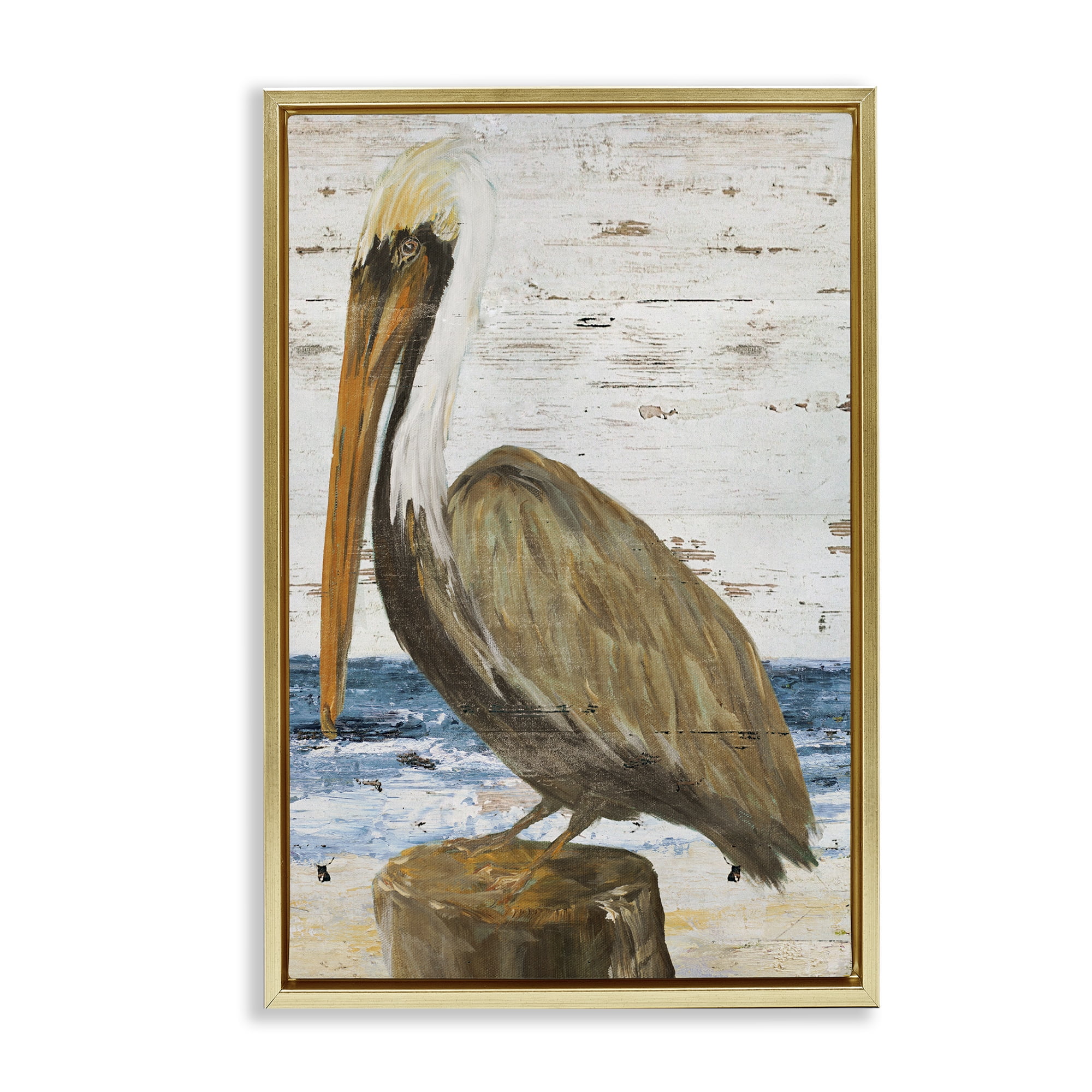 Stupell Industries Rustic Ocean Pelican Animals & Insects Painting Gold Floater Framed Canvas Art Print Wall Art, 17 x 25