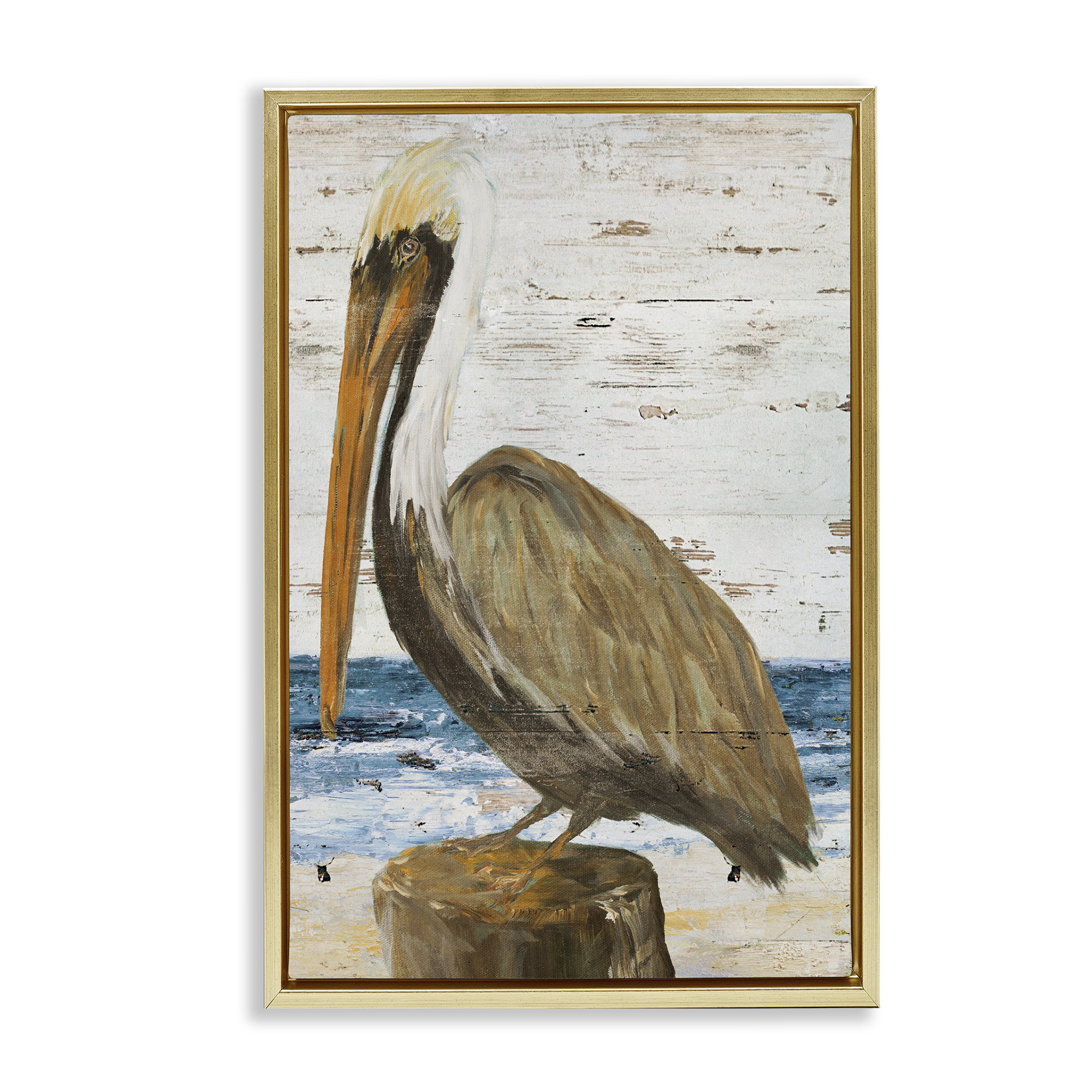 Stupell Industries Rustic Ocean Pelican Animals & Insects Painting Gold Floater Framed Canvas Art Print Wall Art, 21 x 31