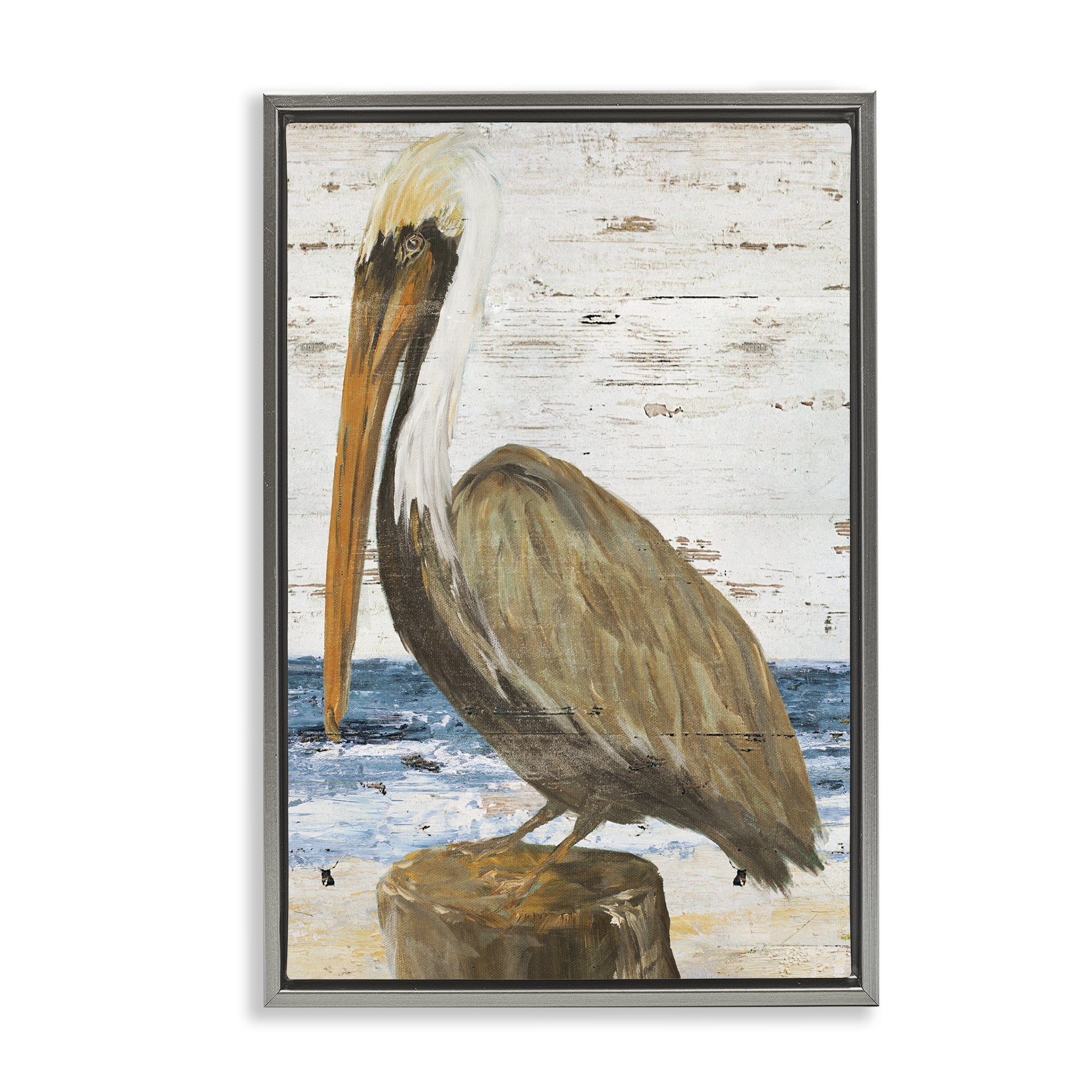 Stupell Industries Rustic Ocean Pelican Animals & Insects Painting Gray Floater Framed Canvas Art Print Wall Art, 21 x 31
