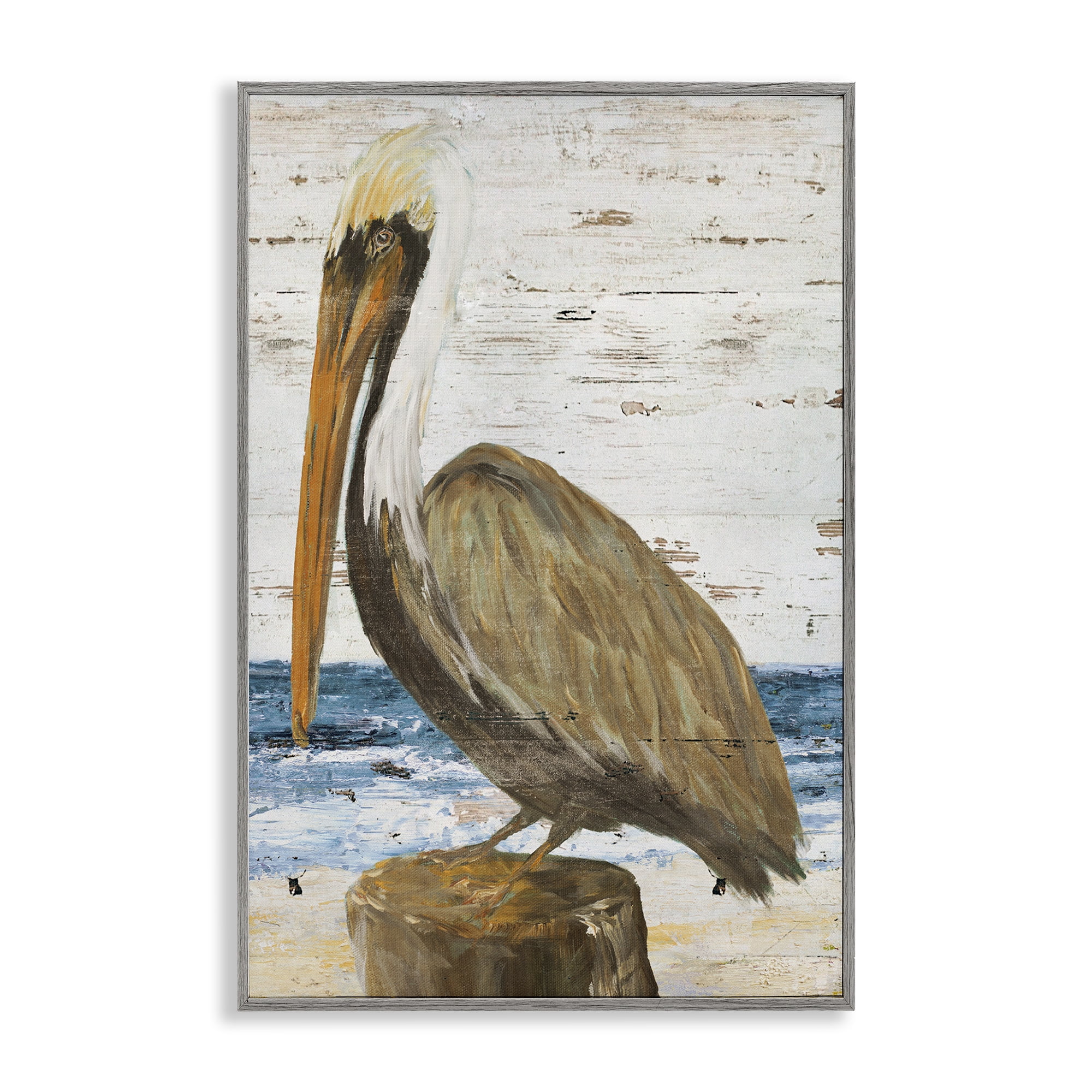 Stupell Industries Rustic Ocean Pelican Animals & Insects Painting Gray Framed Art Print Wall Art, 16 x 24