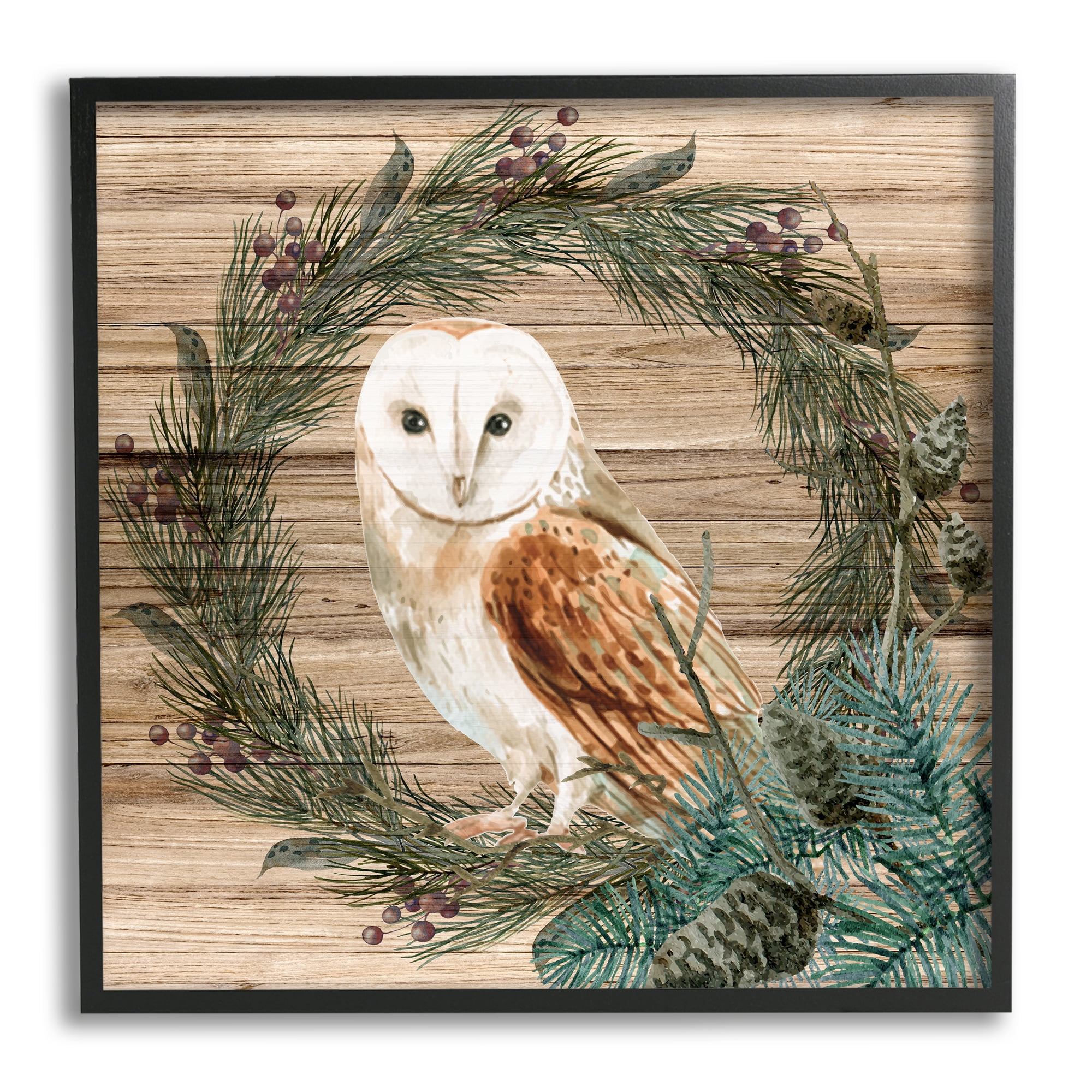 Stupell Industries Rustic Owl on Pine Wreath Botanical & Floral Painting Black Framed Art Print Wall Art, 17 x 17
