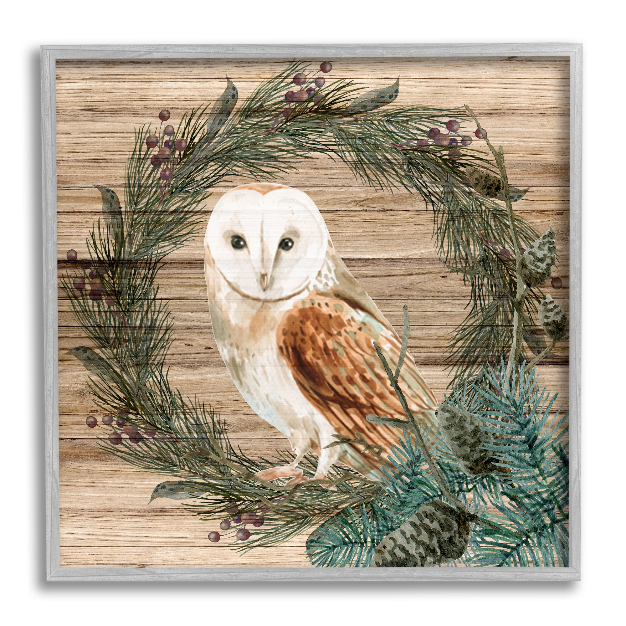 Stupell Industries Rustic Owl on Pine Wreath Botanical & Floral Painting Gray Framed Art Print Wall Art, 12 x 12
