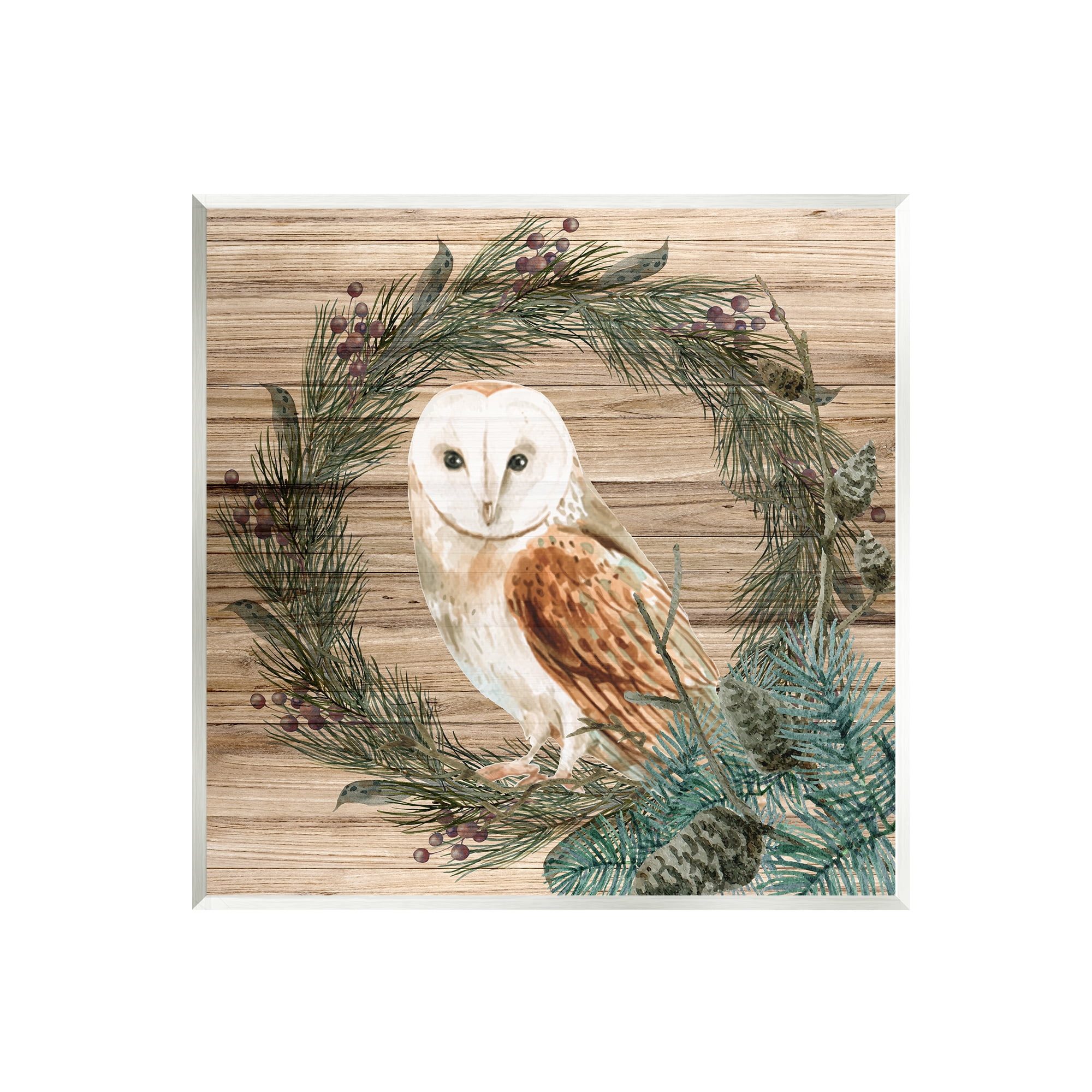 Stupell Industries Rustic Owl on Pine Wreath Botanical & Floral Painting Unframed Art Print Wall Art, 12 x 12