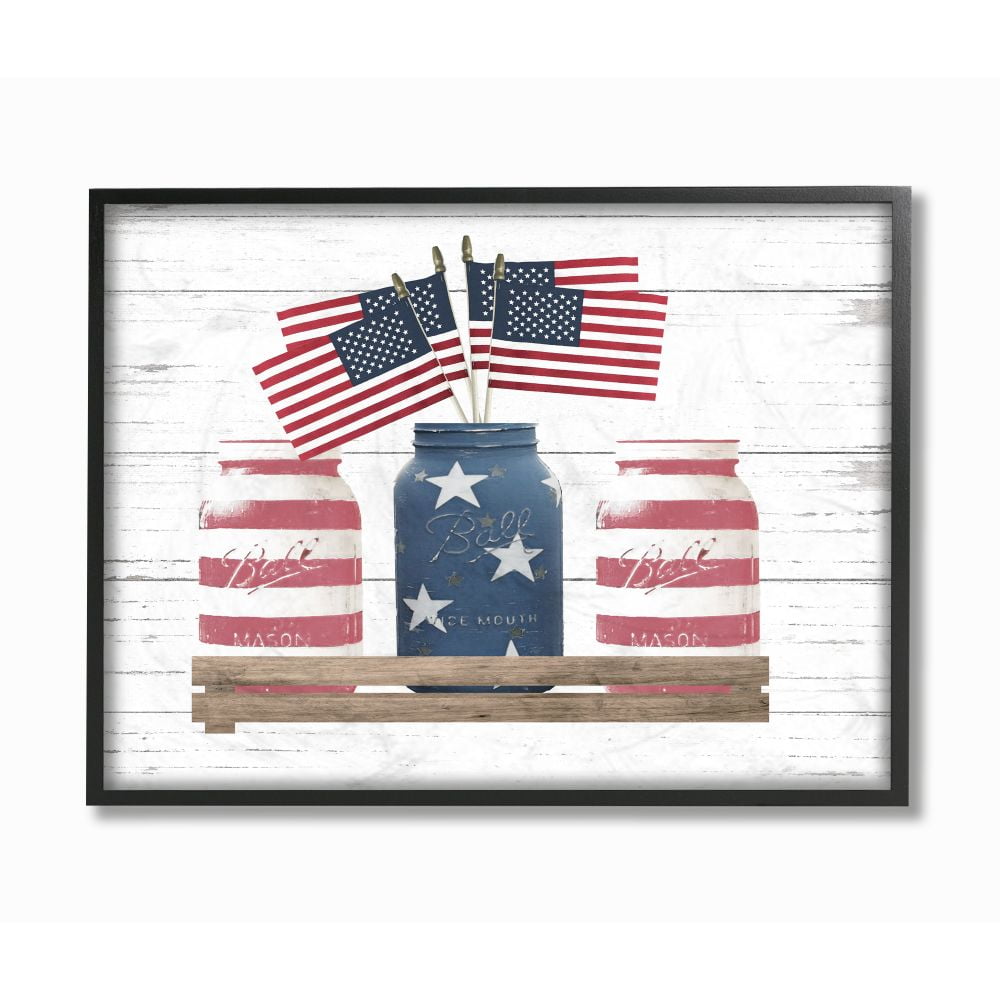 Stupell Industries Rustic Patriotic Jars American Pride Flag Design Framed Wall Art Design by Lettered and Lined, 16" x 20", Black Framed