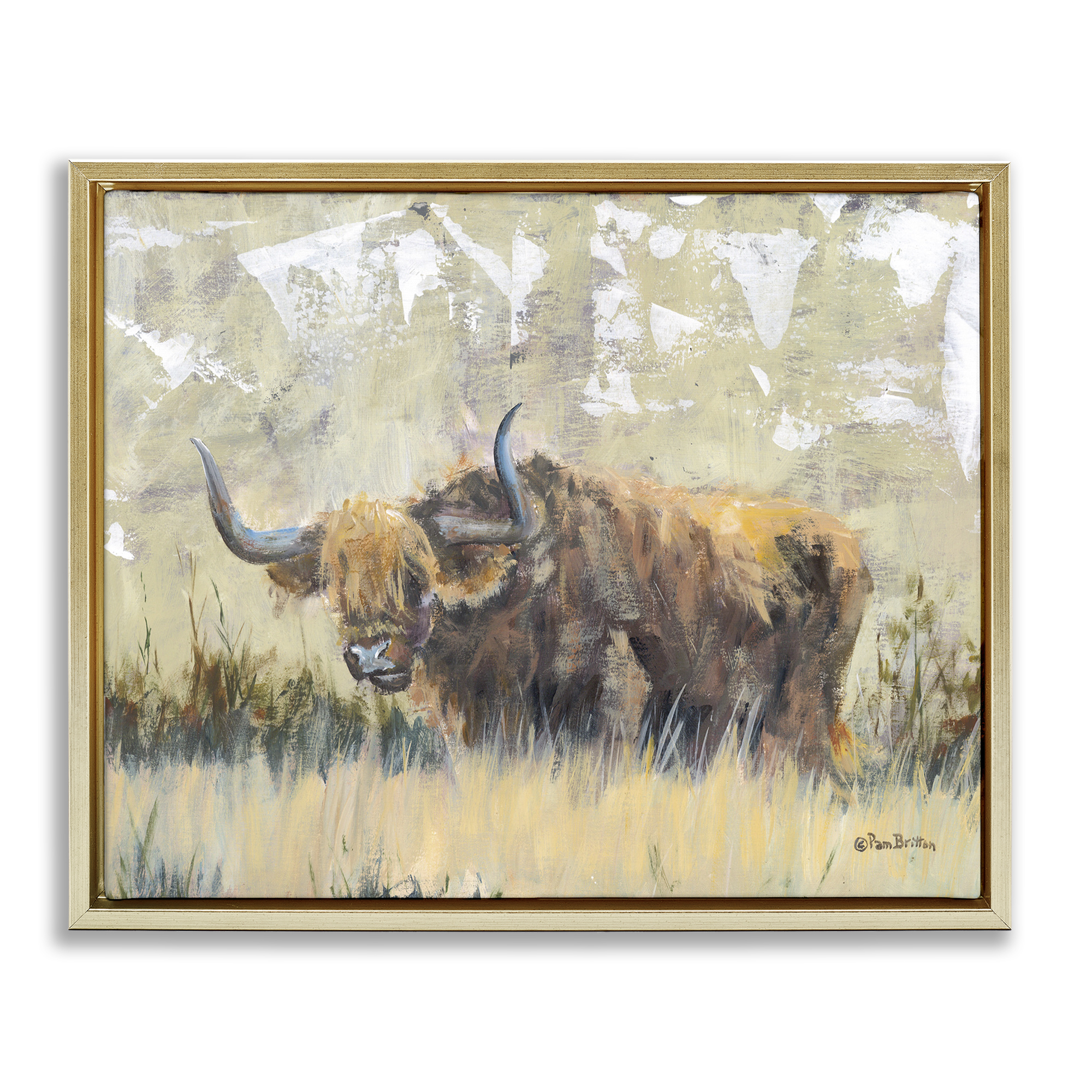 Stupell Industries Rustic Patterned Longhorn Animals & Insects Painting Gold Floater Framed Canvas Art Print Wall Art, 21 x 17