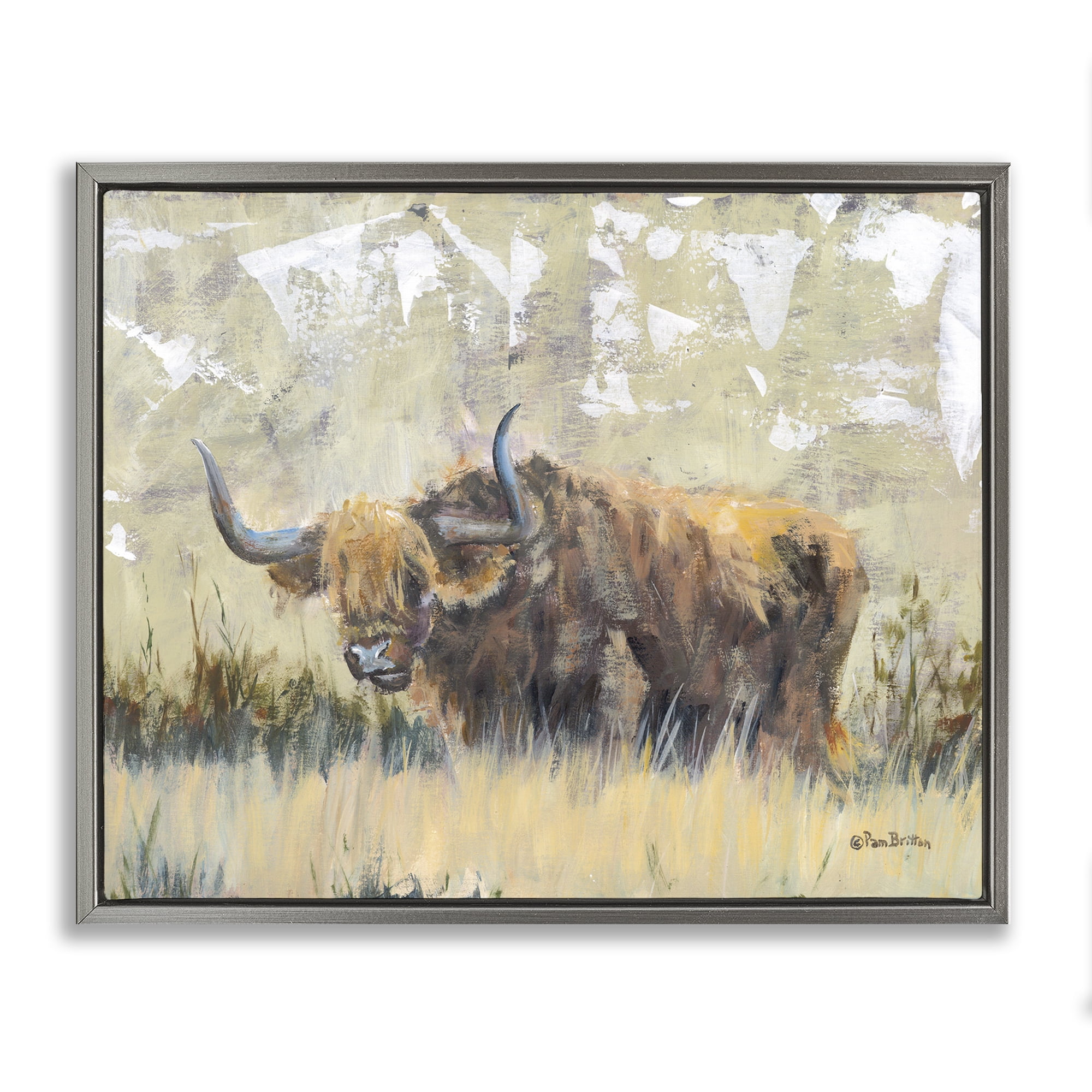 Stupell Industries Rustic Patterned Longhorn Animals & Insects Painting Gray Floater Framed Canvas Art Print Wall Art, 31 x 25