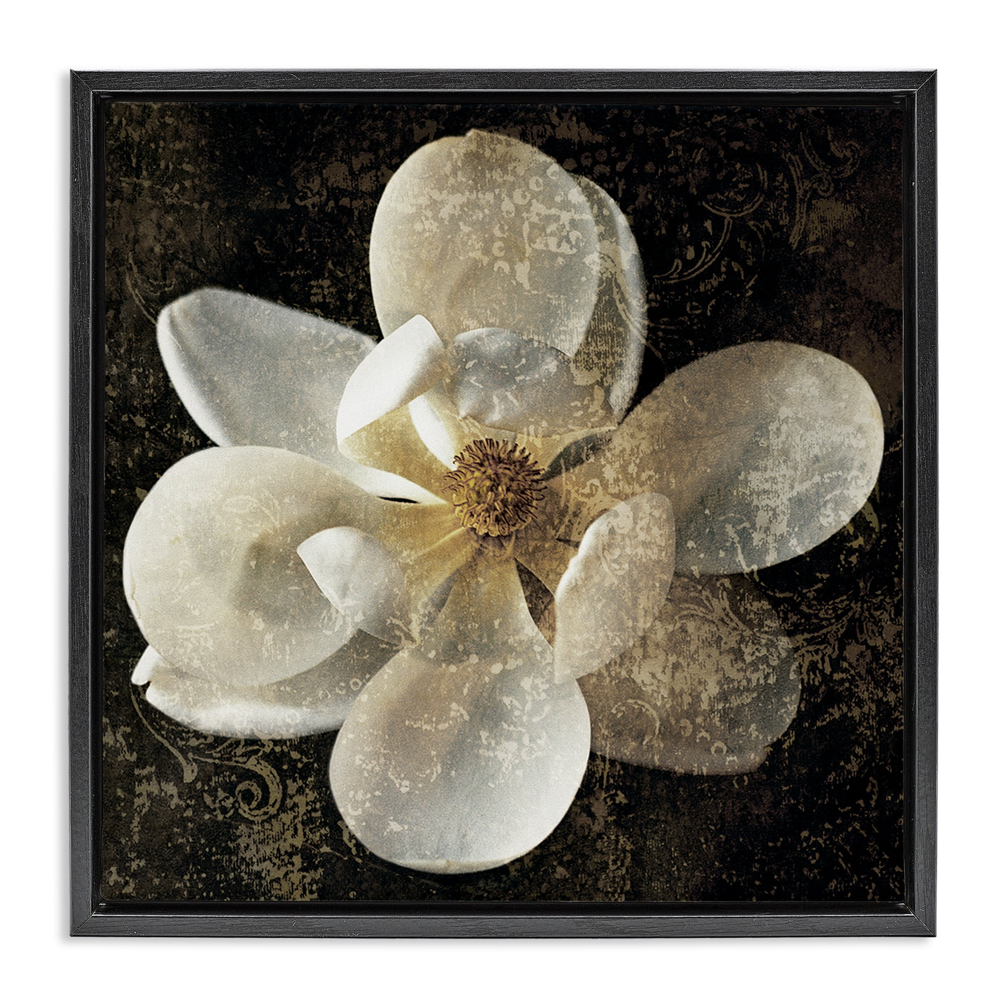Stupell Industries Rustic Patterned Magnolia Botanical & Floral Painting Black Floater Framed Canvas Art Print Wall Art, 25 x 25