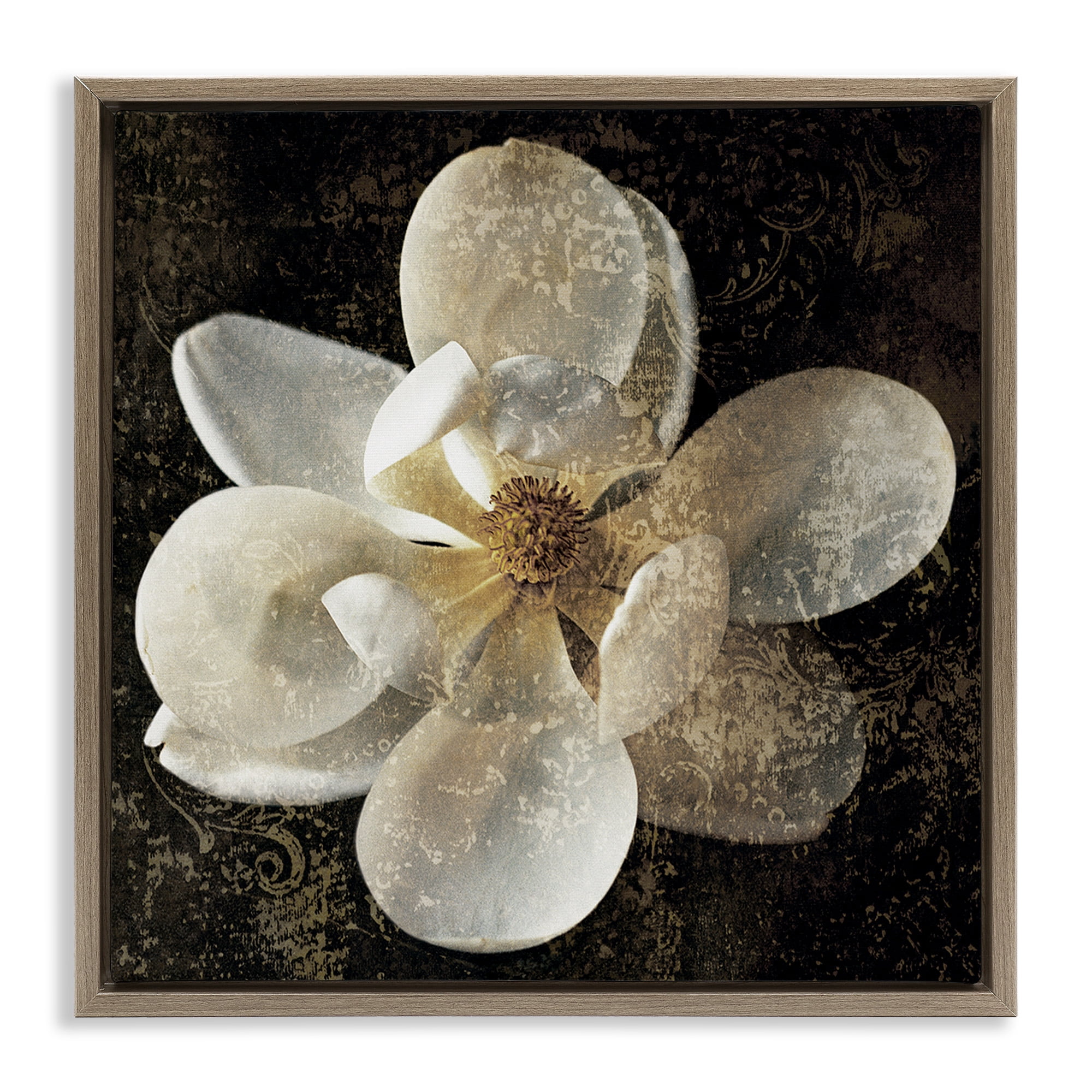 Stupell Industries Rustic Patterned Magnolia Botanical & Floral Painting Brown Floater Framed Canvas Art Print Wall Art, 18 x 18