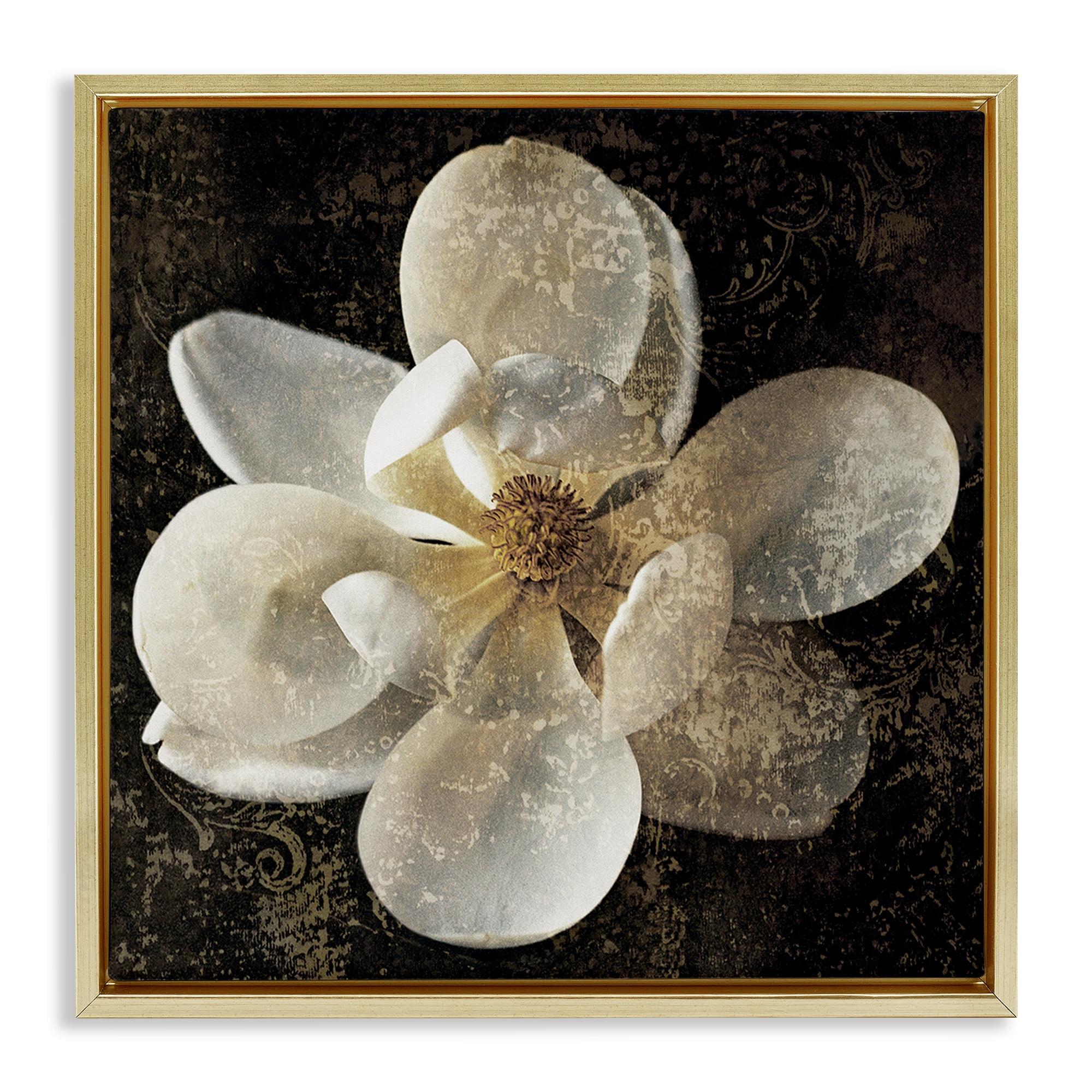 Stupell Industries Rustic Patterned Magnolia Botanical & Floral Painting Gold Floater Framed Canvas Art Print Wall Art, 18 x 18