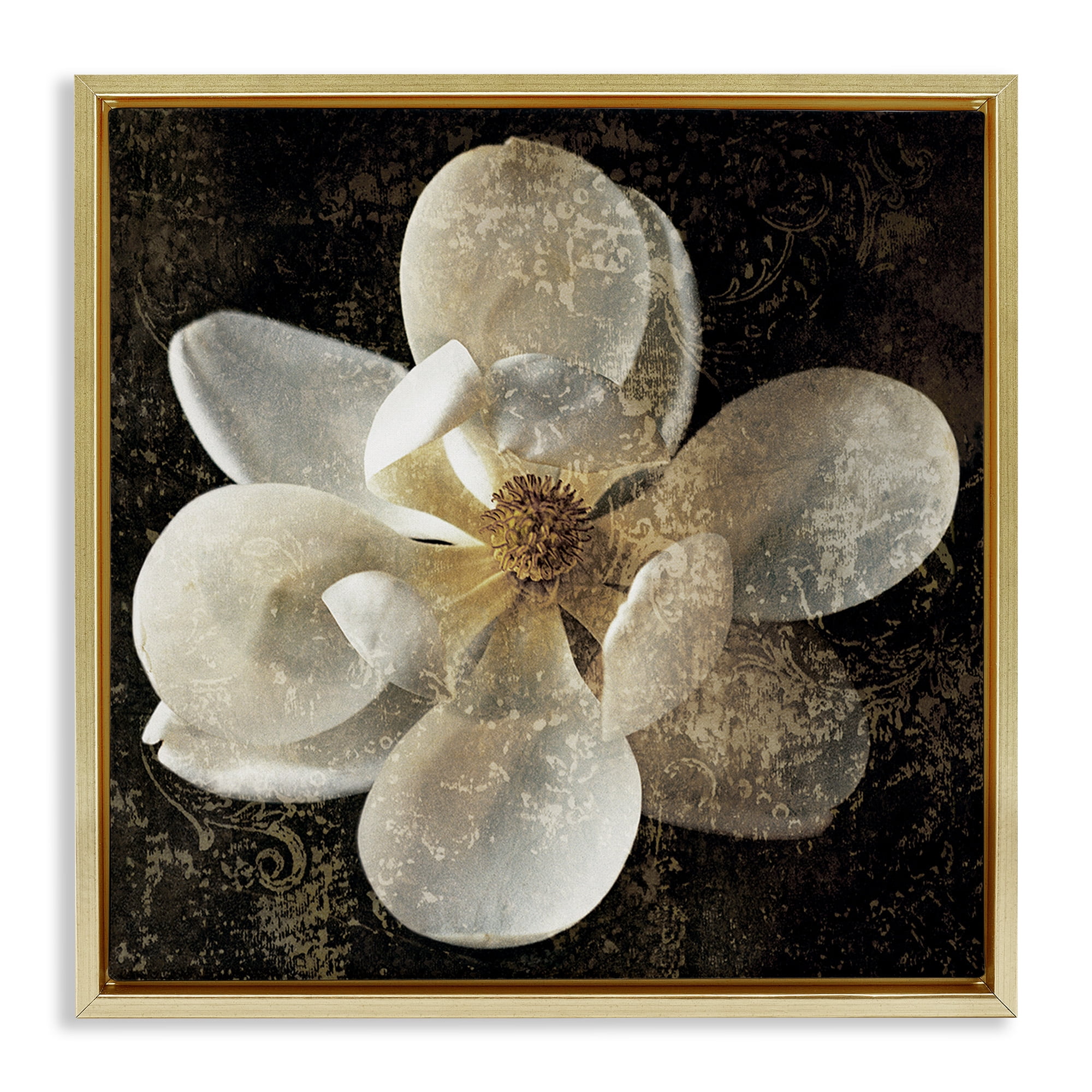 Stupell Industries Rustic Patterned Magnolia Botanical & Floral Painting Gold Floater Framed Canvas Art Print Wall Art, 25 x 25