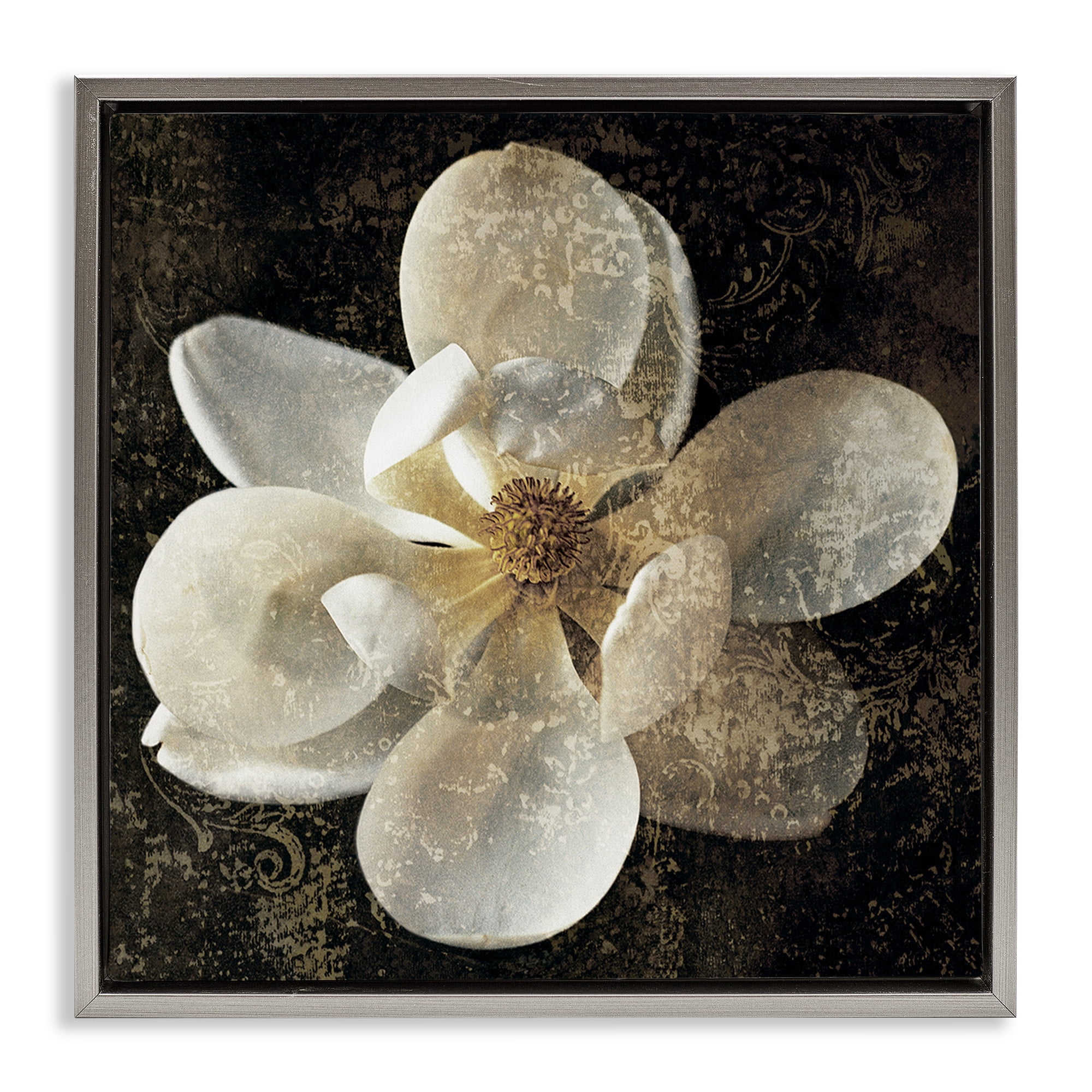 Stupell Industries Rustic Patterned Magnolia Botanical & Floral Painting Gray Floater Framed Canvas Art Print Wall Art, 25 x 25