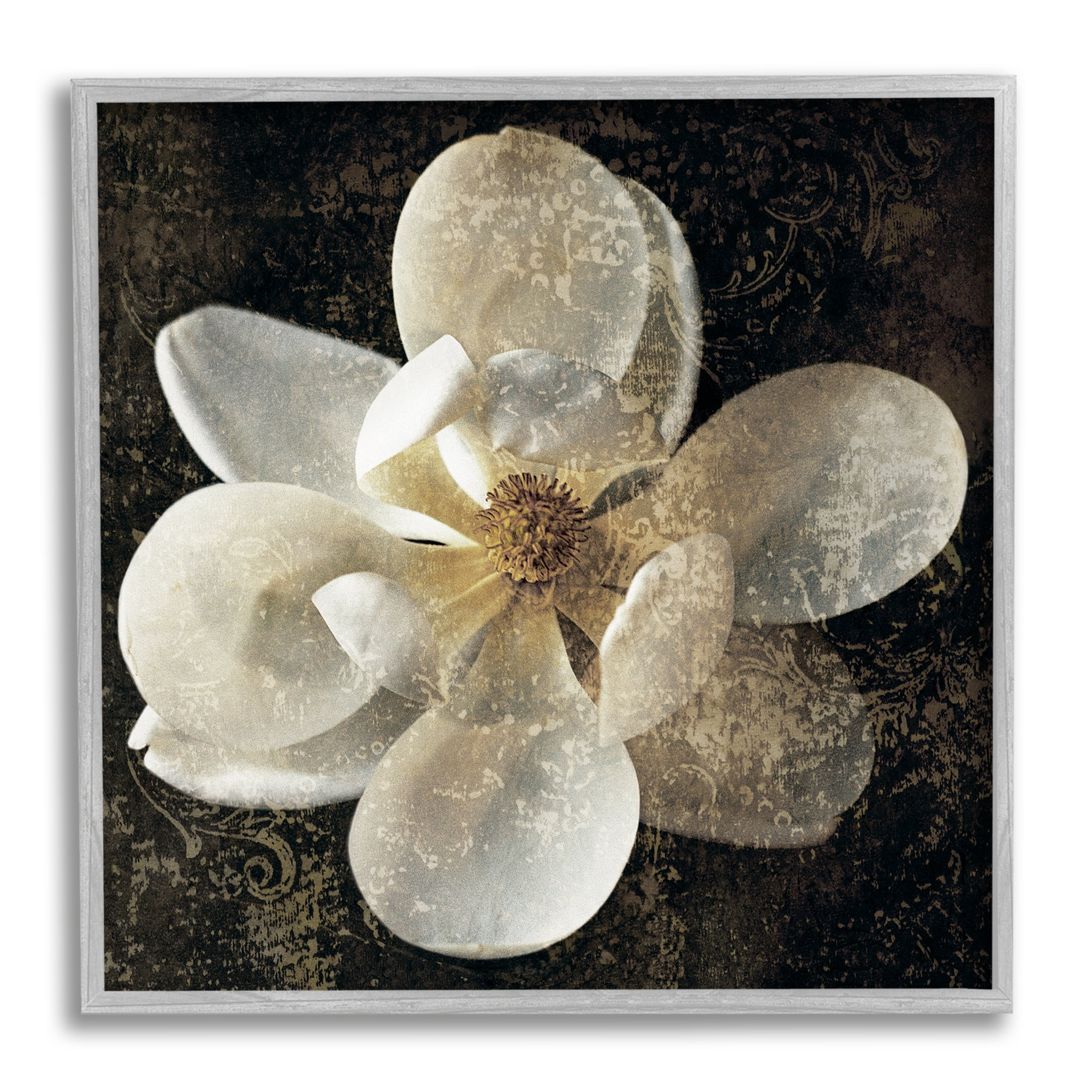 Stupell Industries Rustic Patterned Magnolia Botanical & Floral Painting Gray Framed Art Print Wall Art, 12 x 12