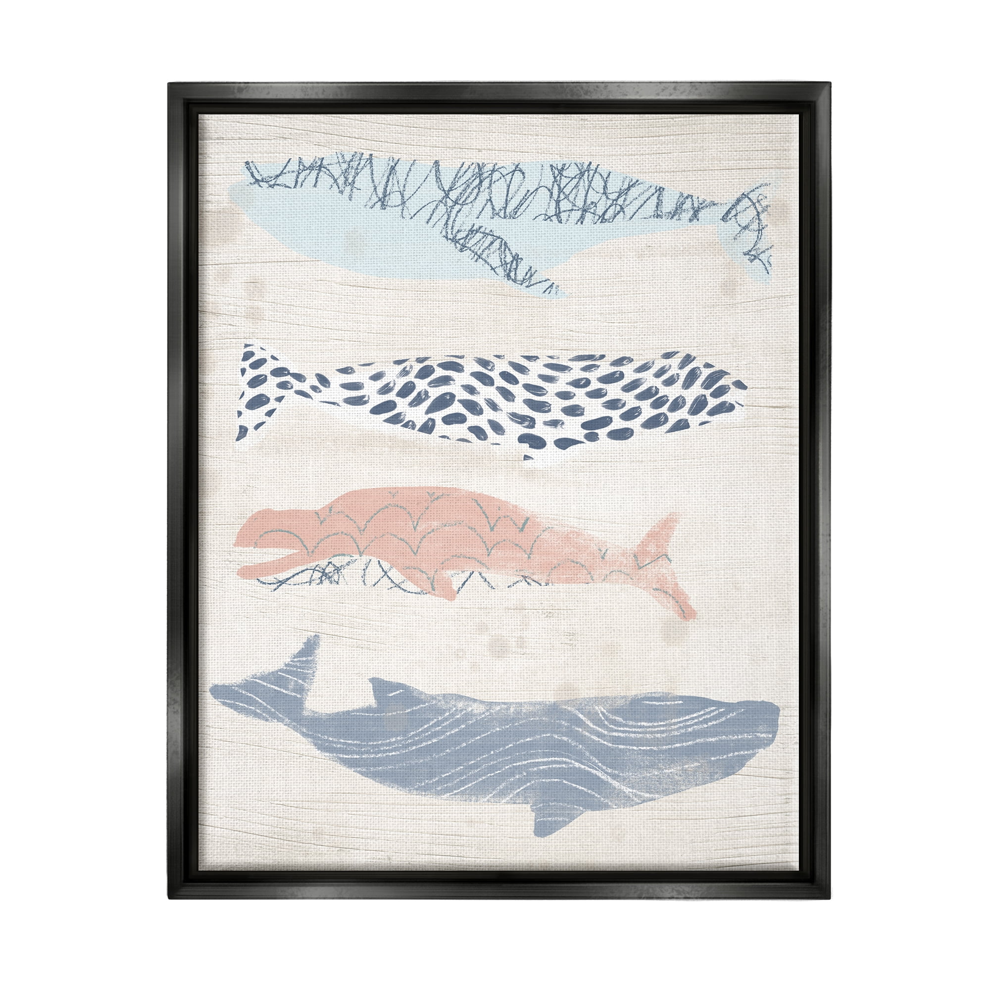 Stupell Industries Rustic Patterned Whales Animals & Insects Painting Black Floater Framed Canvas Art Print Wall Art, 17 x 21