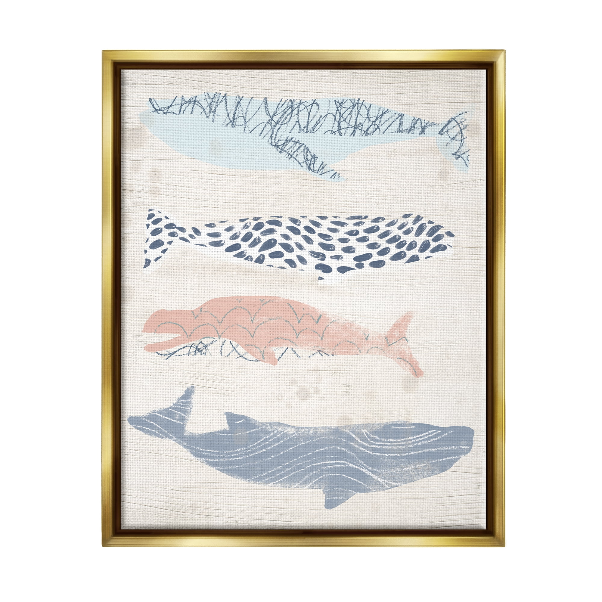Stupell Industries Rustic Patterned Whales Animals & Insects Painting Gold Floater Framed Canvas Art Print Wall Art, 25 x 31