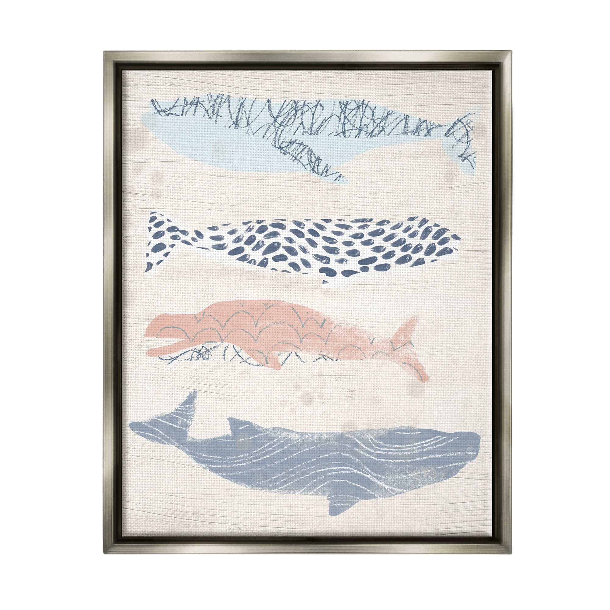Stupell Industries Rustic Patterned Whales Animals & Insects Painting Gray Floater Framed Canvas Art Print Wall Art, 17 x 21