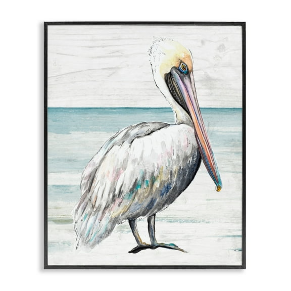 Stupell Industries Rustic Pelican Bird Beach Shoreline Portrait Graphic Art Black Framed Art Print Wall Art, Design by Patricia Pinto