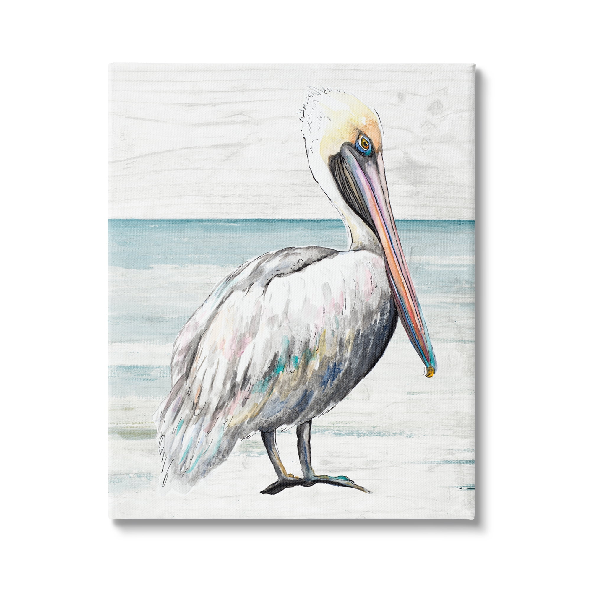 Stupell Industries Rustic Pelican Bird Beach Shoreline Portrait Graphic Art Gallery Wrapped Canvas Print Wall Art, Design by Patricia Pinto