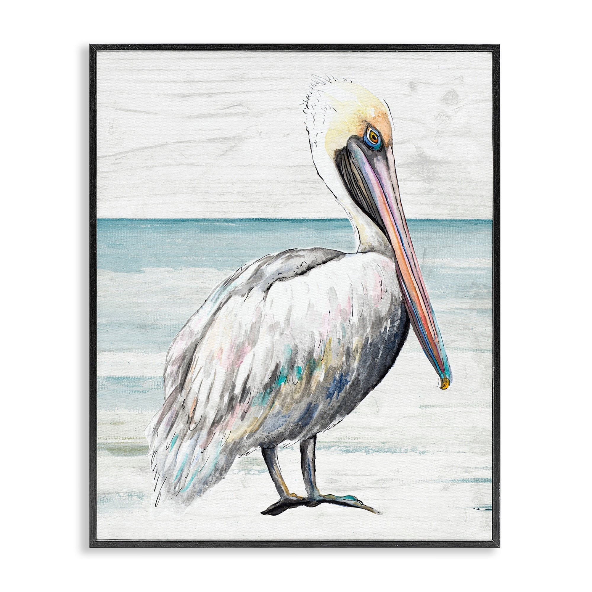Stupell Industries Rustic Pelican Bird Beach Shoreline Portrait Graphic Art Gray Framed Art Print Wall Art, Design by Patricia Pinto