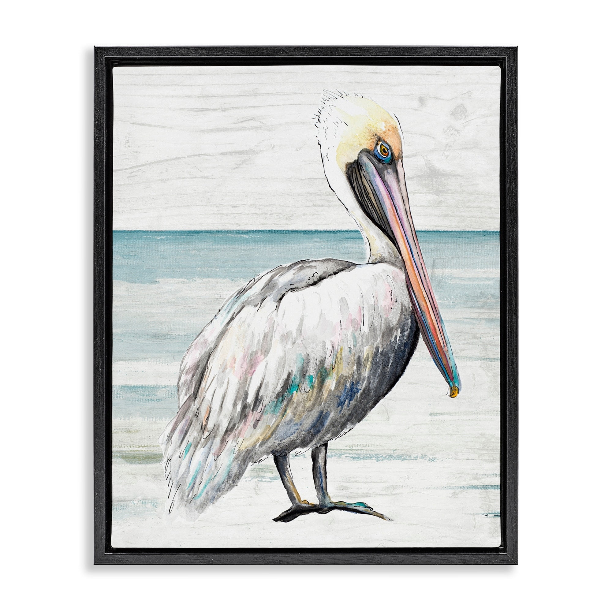 Stupell Industries Rustic Pelican Bird Beach Shoreline Portrait Graphic Art Jet Black Floating Framed Canvas Print Wall Art, Design by Patricia Pinto