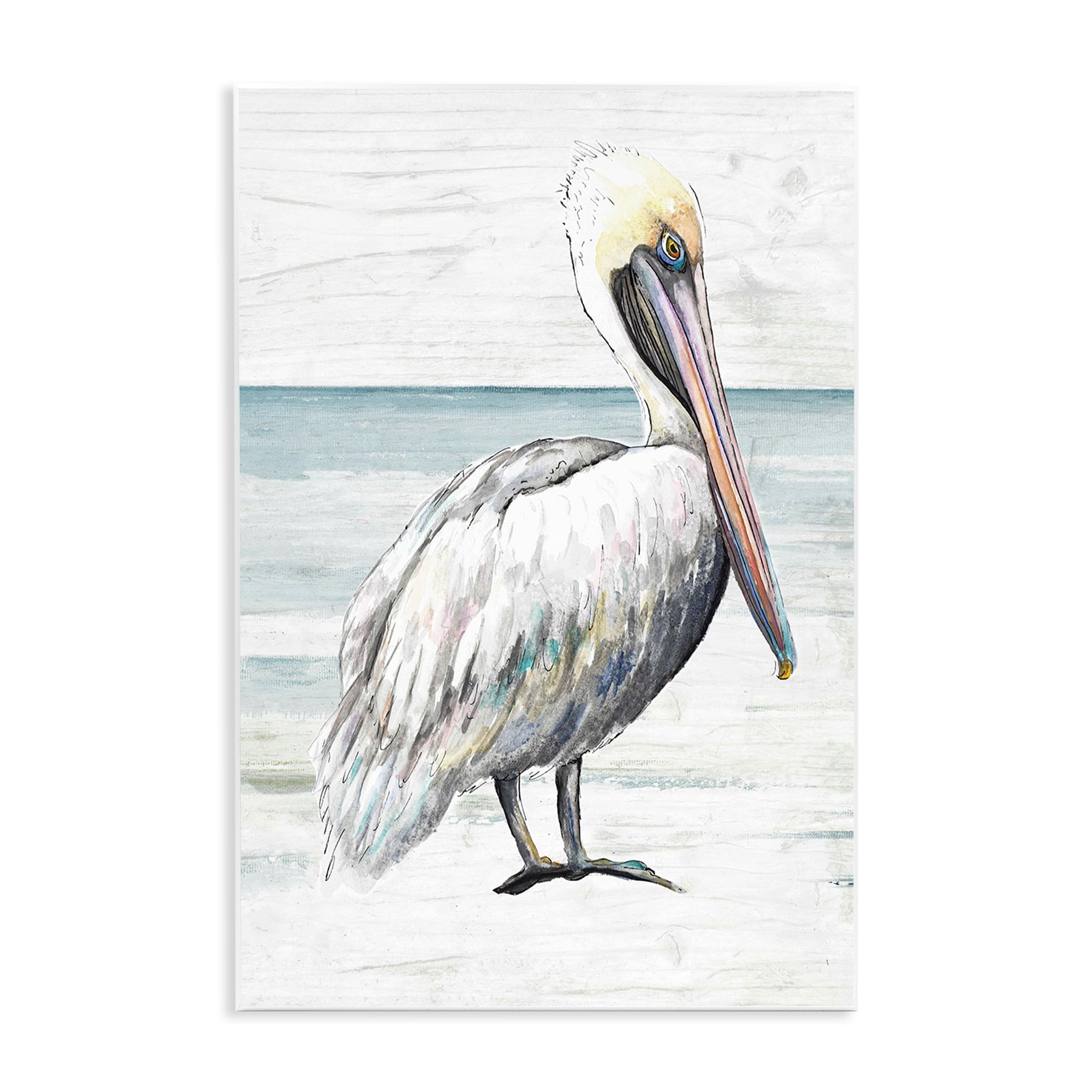 Stupell Industries Rustic Pelican Bird Beach Shoreline Portrait Graphic Art Unframed Art Print Wall Art, Design by Patricia Pinto