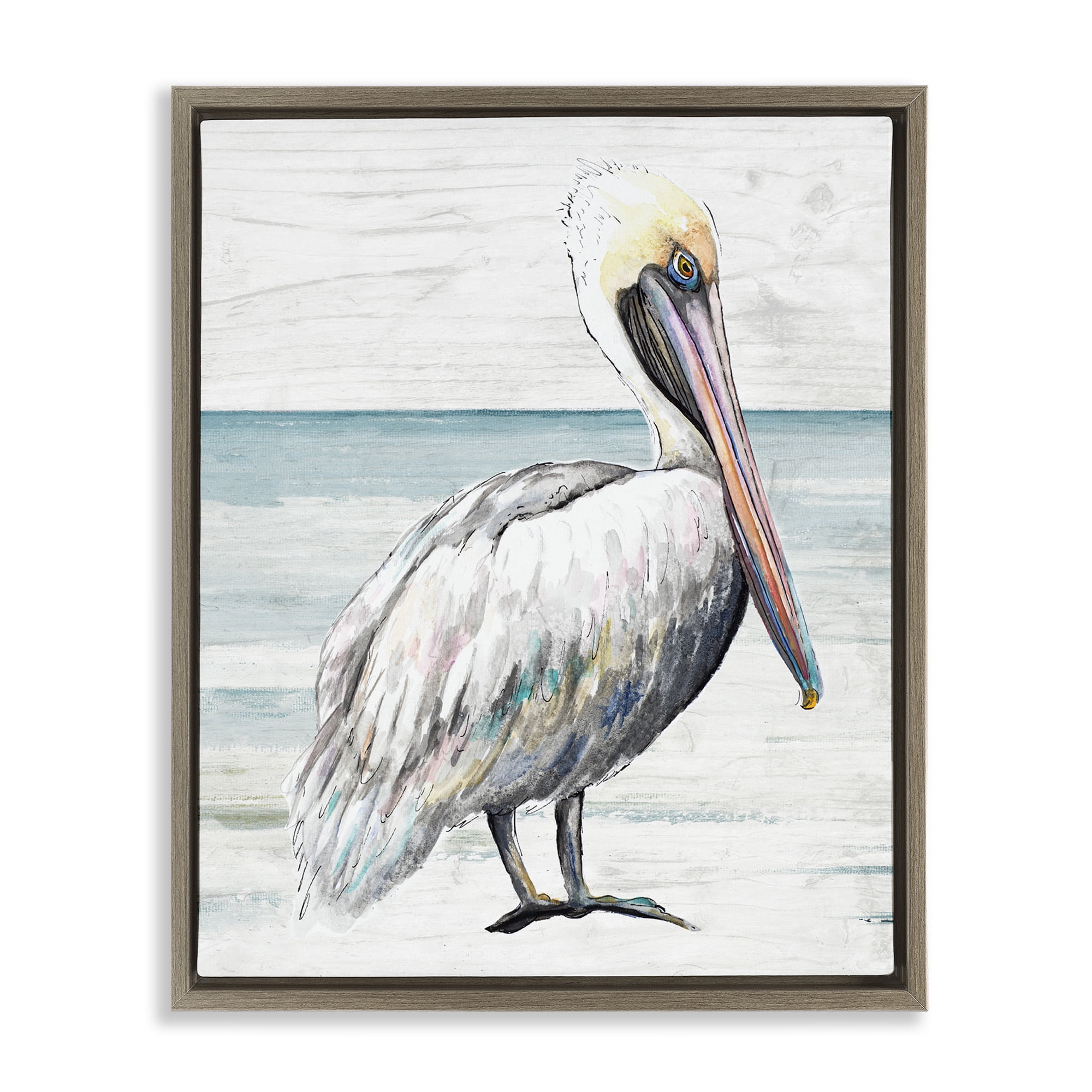 Stupell Industries Rustic Pelican on Shoreline Animals & Insects Painting Brown Floater Framed Canvas Art Print Wall Art, 25 x 31