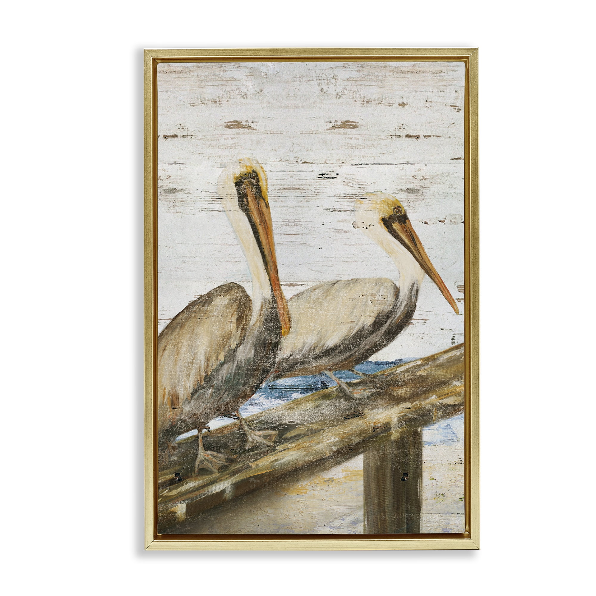 Stupell Industries Rustic Pelicans Perched Animals & Insects Painting Gold Floater Framed Canvas Art Print Wall Art, 21 x 31